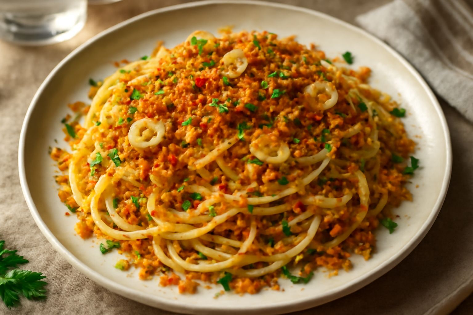 Piatto di pasta lunga con briciole di pane dorate e croccanti distribuite sopra, aglio affettato visibile tra gli spaghetti, filo di olio verde e peperoncino rosso sfumato, su piatto bianco con bordo 
