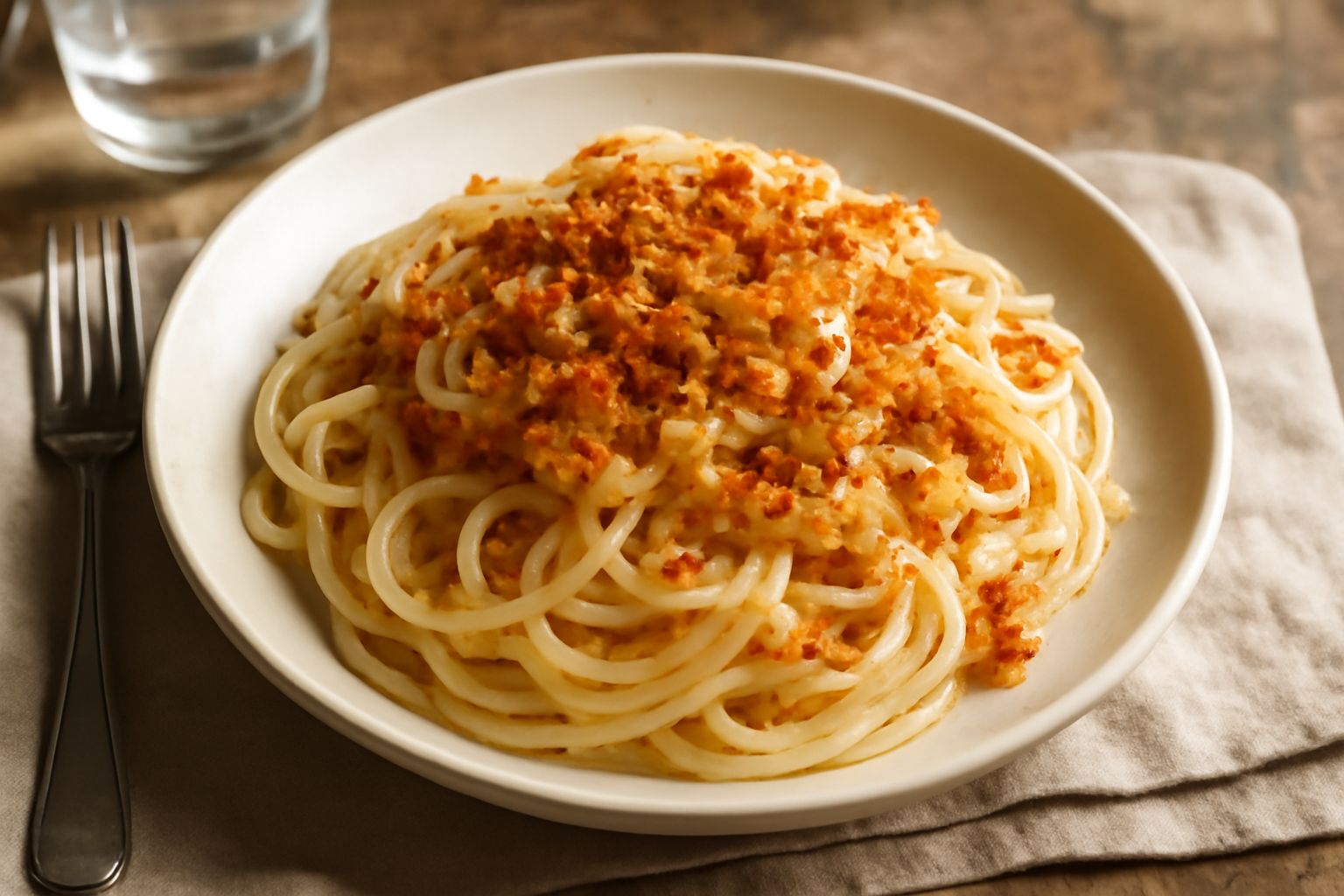 Piatto di pasta bianca condita con briciole di pesce dorato, prezzemolo fresco verde, gocce di olio e limone, servita in ciotola bianca