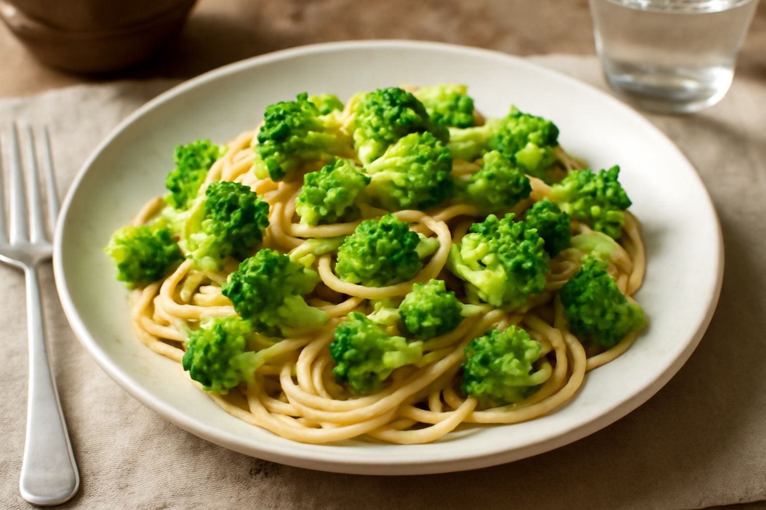 Piatto di pasta con broccole romanesco saltate in padella, condite con aglio e olio, fiori verdi brillanti visibili tra gli spaghetti, spolverato di pepe nero fresco