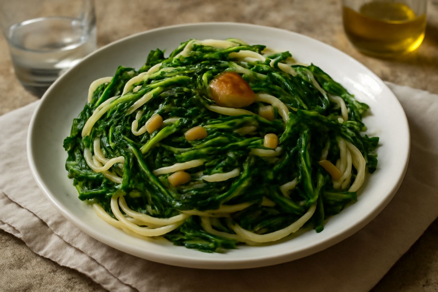 Piatto di pasta bianca con bruscandole verdi ripassate in padella, aglio dorato, olio di oliva, grattugia di parmigiano e peperoncino fresco su fondo di legno