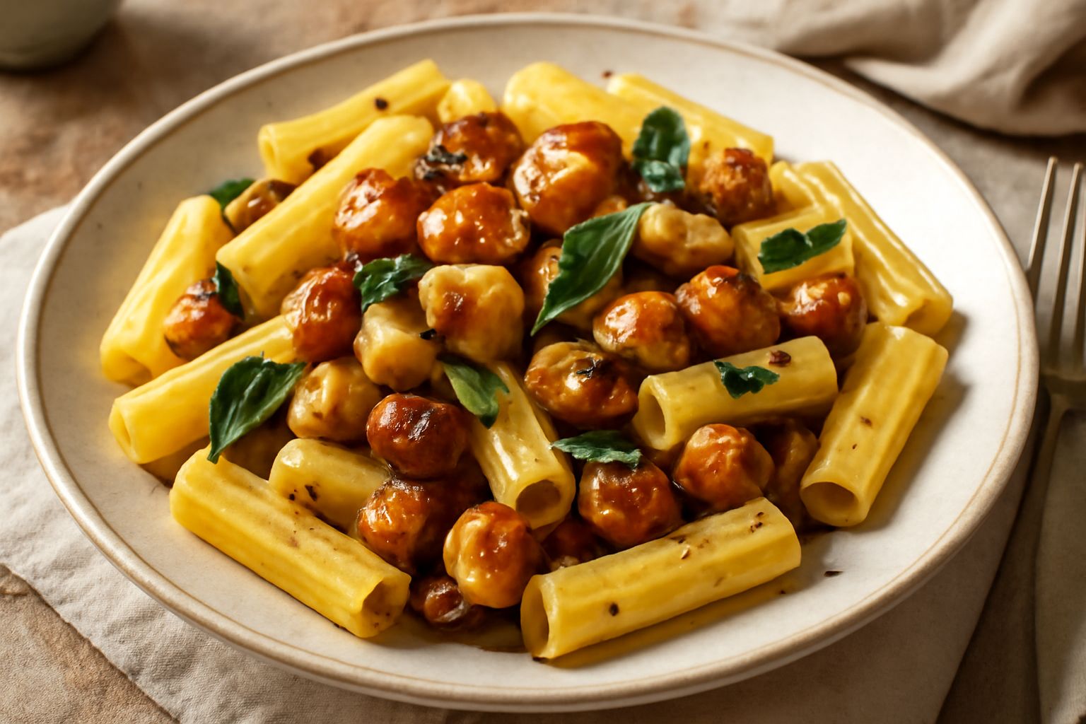 Piatto di pasta integrale con castagne tostate, burro fuso e foglie di salvia fresca, servito in un piatto bianco fondo con bordo grigio