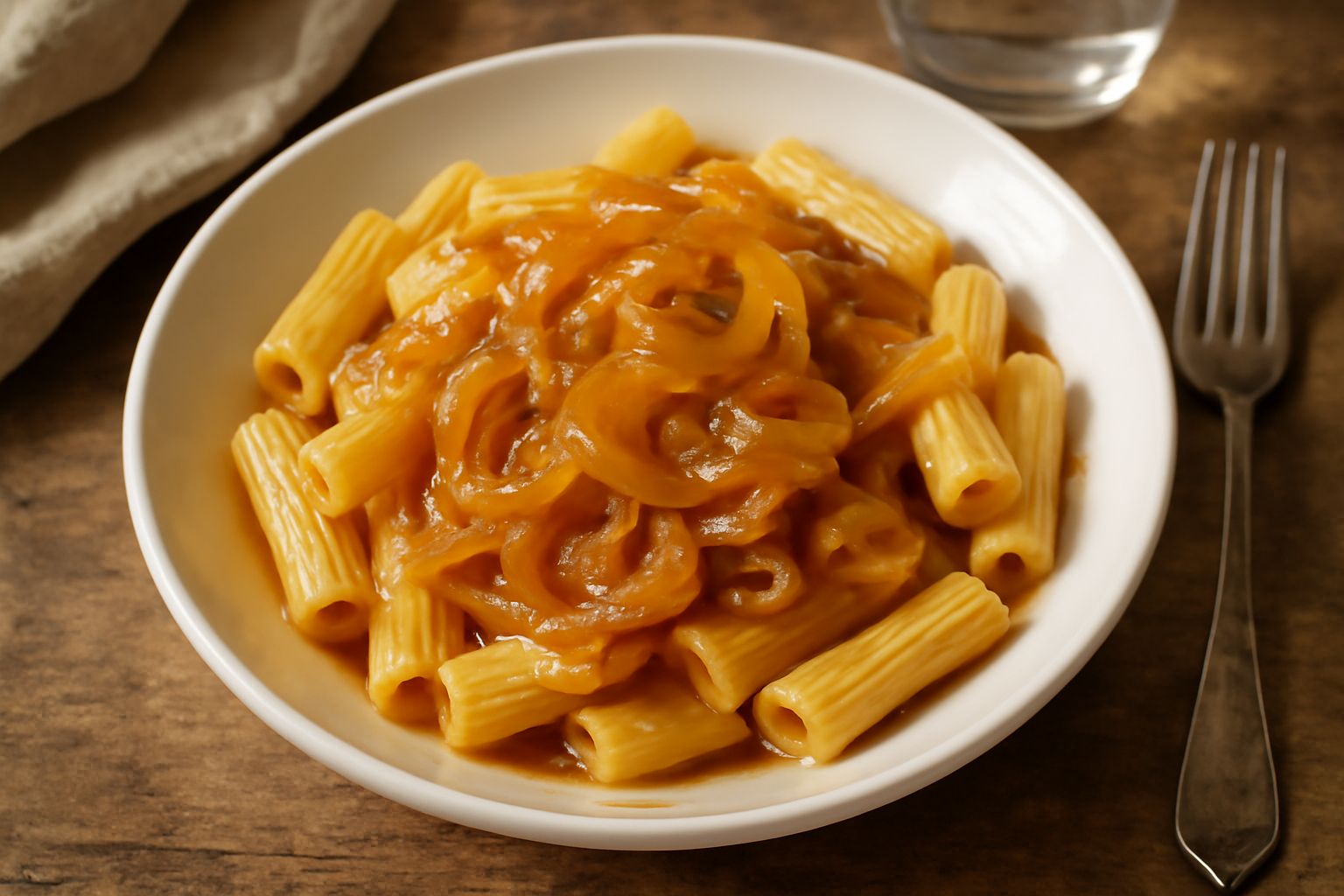 Piatto di pasta rigatoni gialla con cipolle caramellate bianco-dorate, cosparso di pecorino romano grattugiato bianco e un filo di olio d'oliva, servito in un piatto bianco fondo