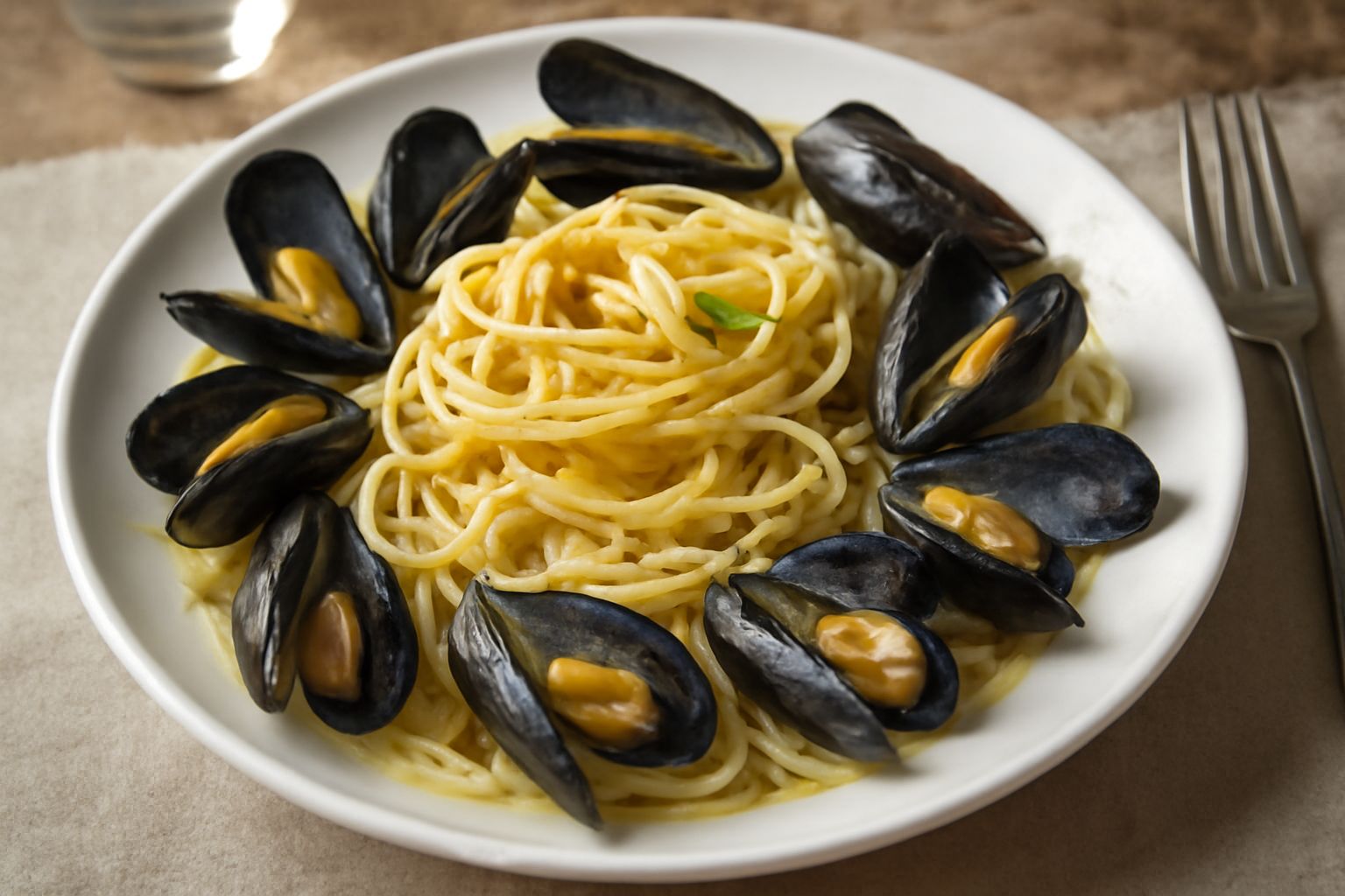 Piatto di pasta spaghetti con cozze aperte in guscio nero, salsa bianca leggermente oleosa, aglio dorato e prezzemolo verde fresco, servito in piatto bianco fondo