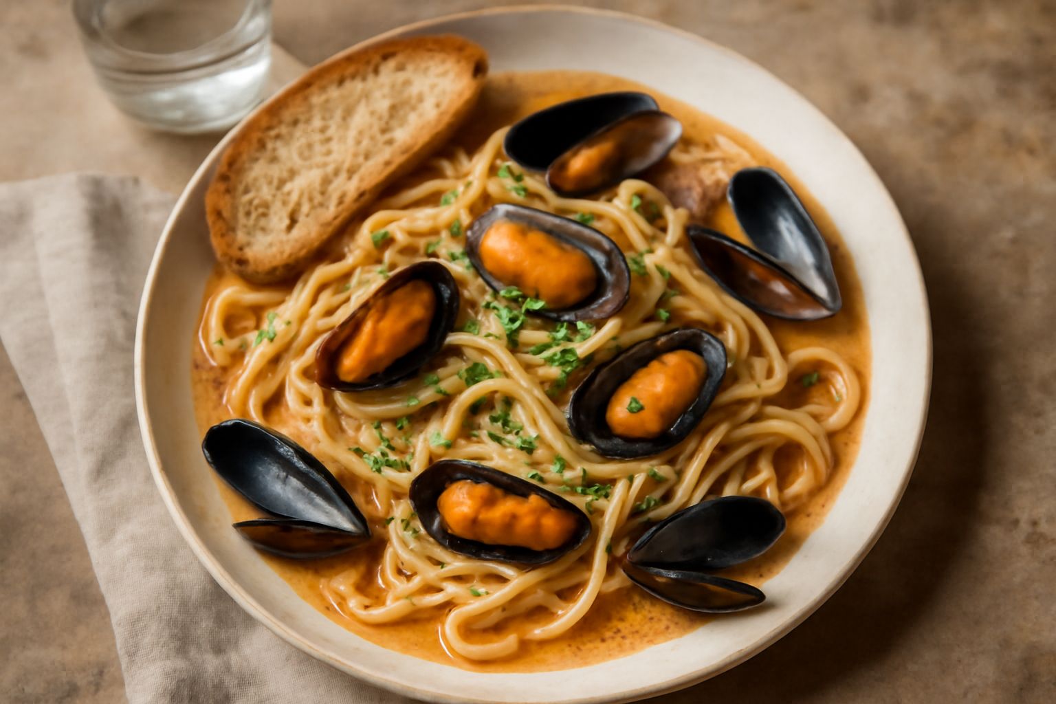 Piatto di pasta spaghetti bianca con cozze aperte, pomodorini rossi e prezzemolo verde fresco, servito in ciotola bianca su tavolo di legno chiaro
