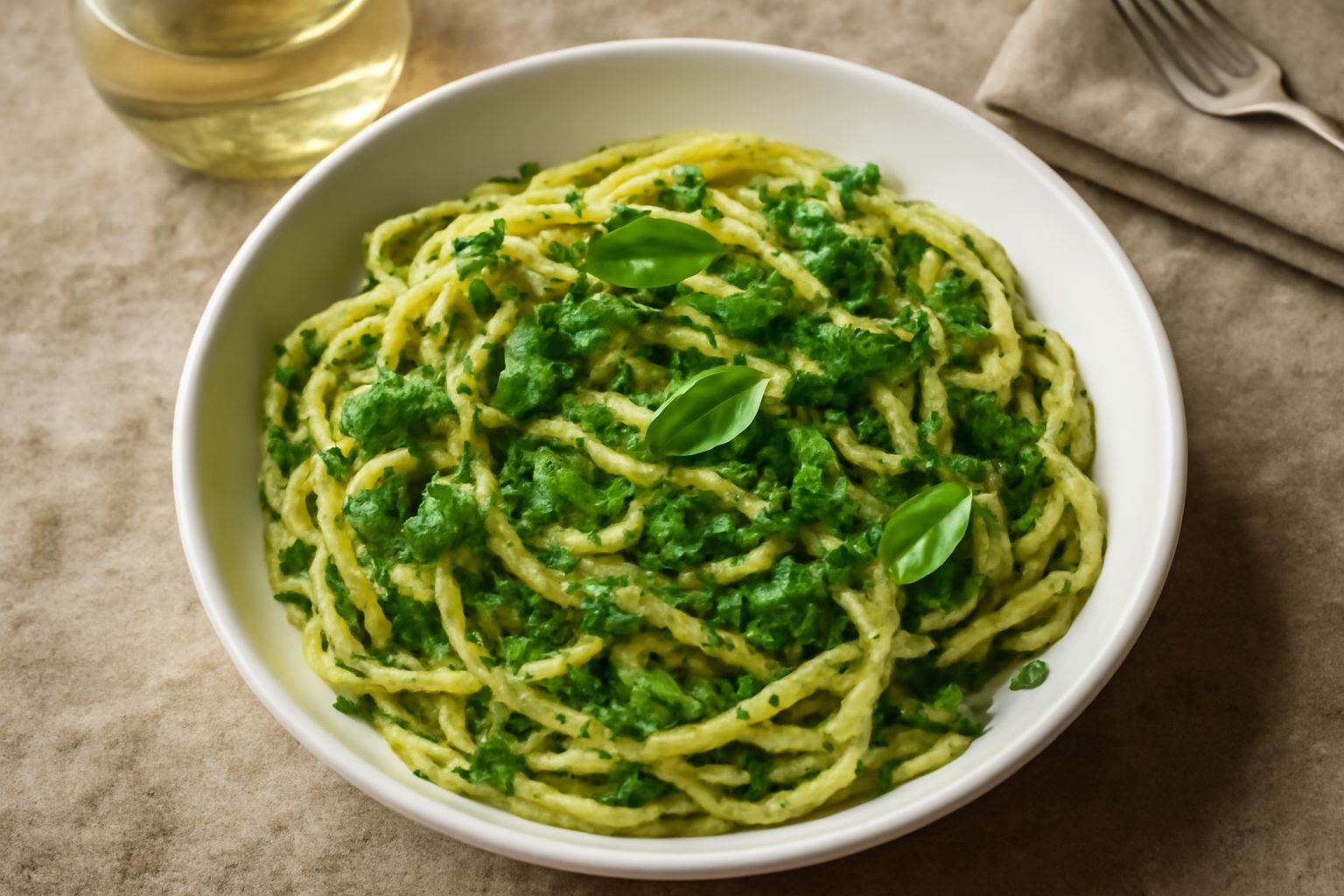 Piatto di pasta tagliatelle con basilico fresco verde e prezzemolo, condita con olio leggero, decorata con foglie aromatiche e parmigiano grattugiato