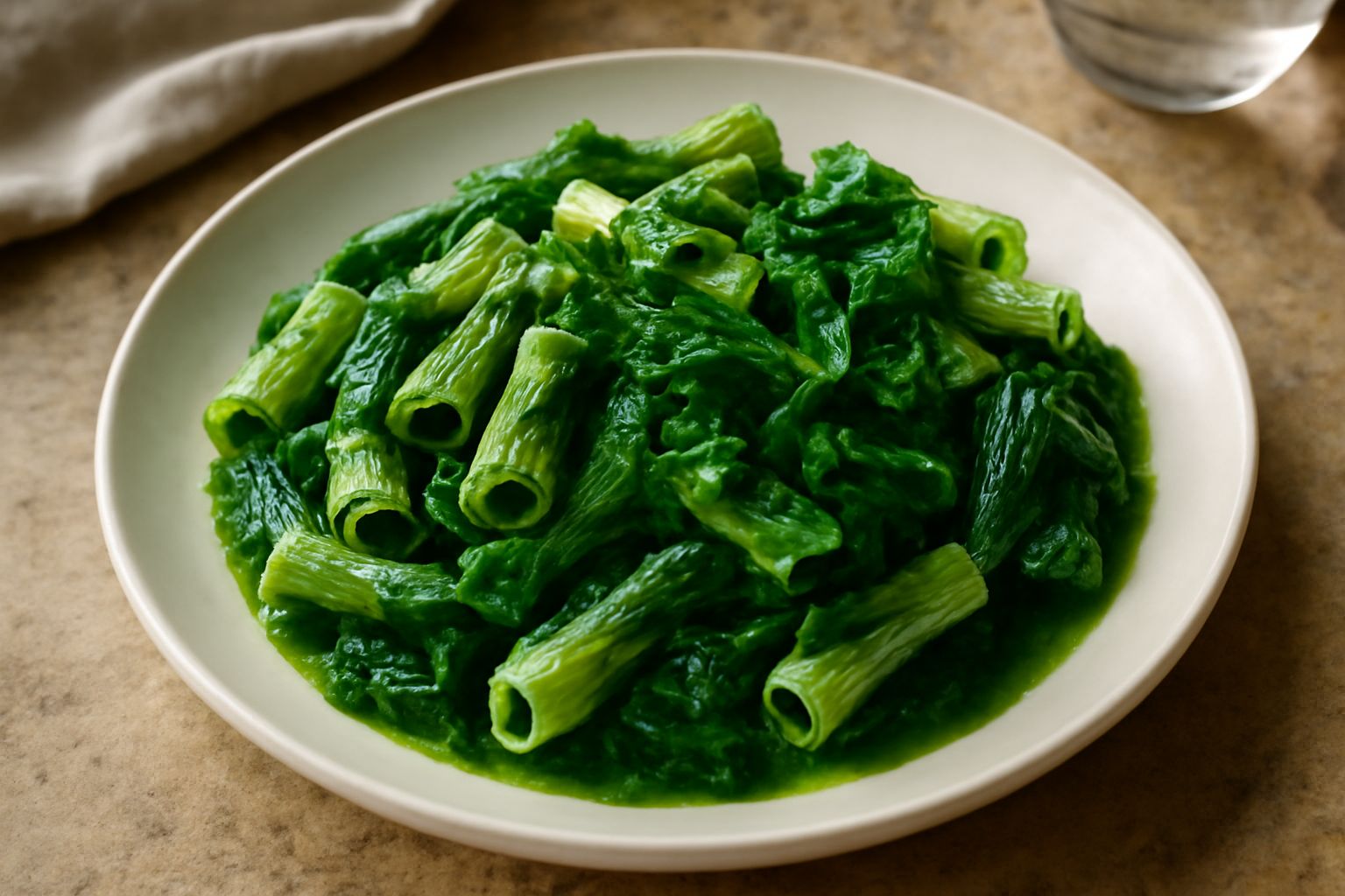 Piatto di pasta rigatoni con salsa verde fatto di erbe selvatiche fragranti, foglie di tarassaco e ortica visibili nel condimento, olio d'oliva lucido, pepe nero macinato fresco, servito su piatto di 