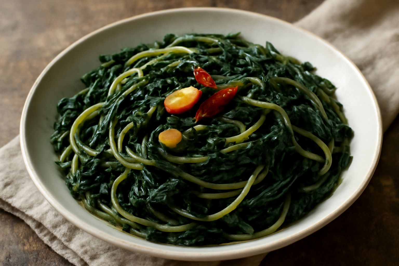 Un piatto di pasta con erbette selvatiche verdi scure, aglio dorato, olio d'oliva lucido, servito in un piatto bianco con un filo di peperoncino rosso e parmigiano grattugiato.