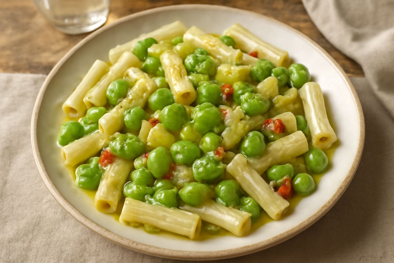Un piatto di pasta bianca con fave verdi intere e schiacciate, olio d'oliva lucido in superficie, guarnito con prezzemolo fresco, servito in piatto bianco profondo su tavolo di legno