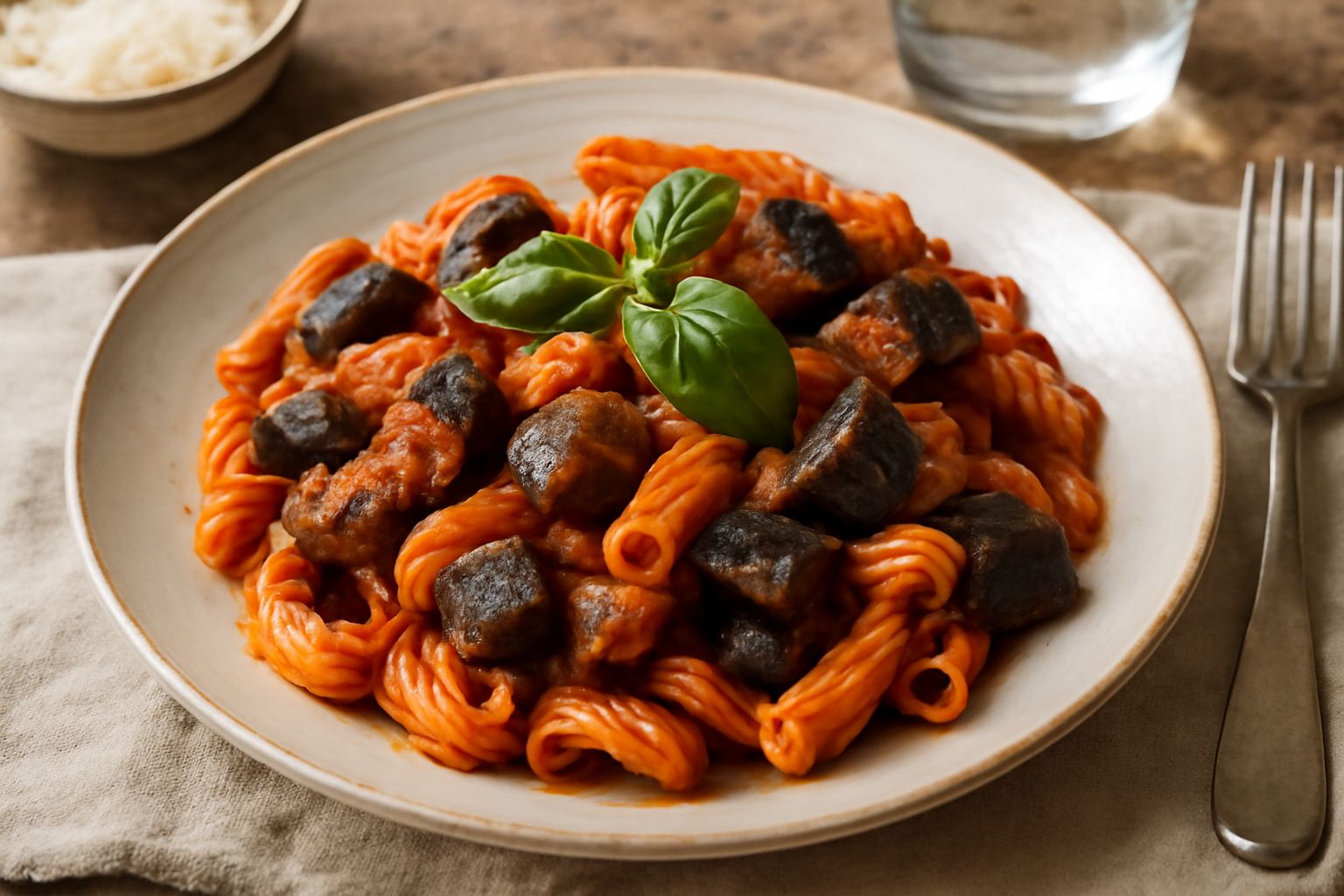 Piatto di pasta bianca con melanzane viola a pezzi, sugo rosso di pomodoro, foglie di basilico verde e fili di olio d'oliva, servito in piatto fondo bianco