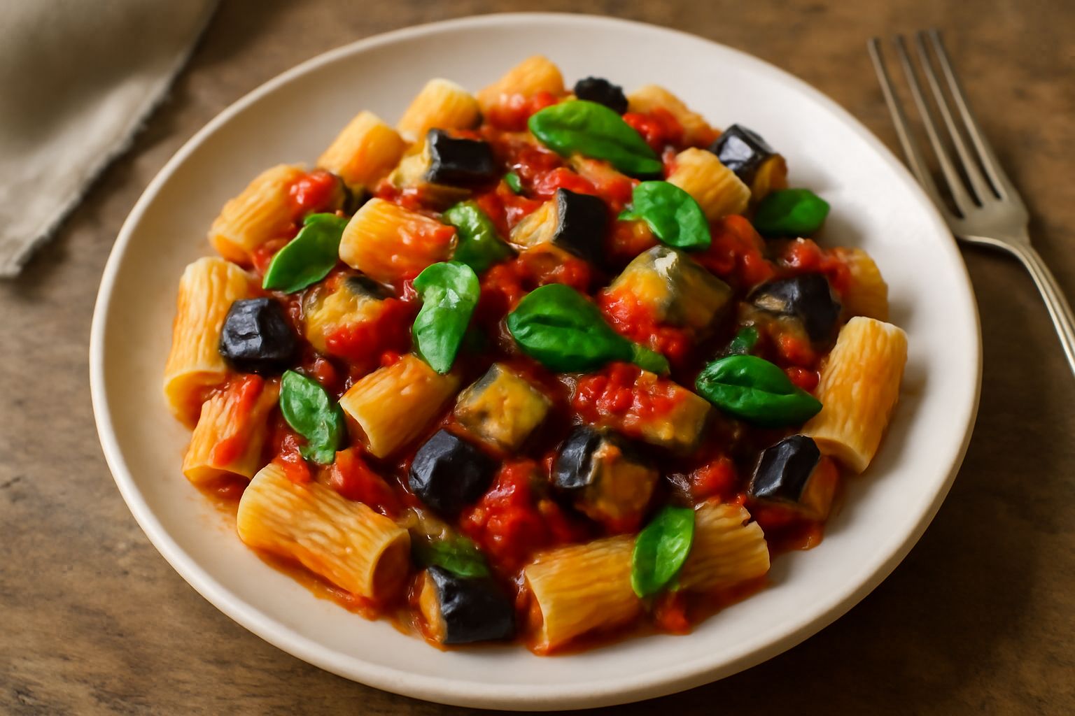 Un piatto di pasta penne con melanzane tagliate in piccoli dadini dorati, salsa di pomodoro leggera, basilico verde fresco sparso in superficie, servito su un piatto bianco fondo