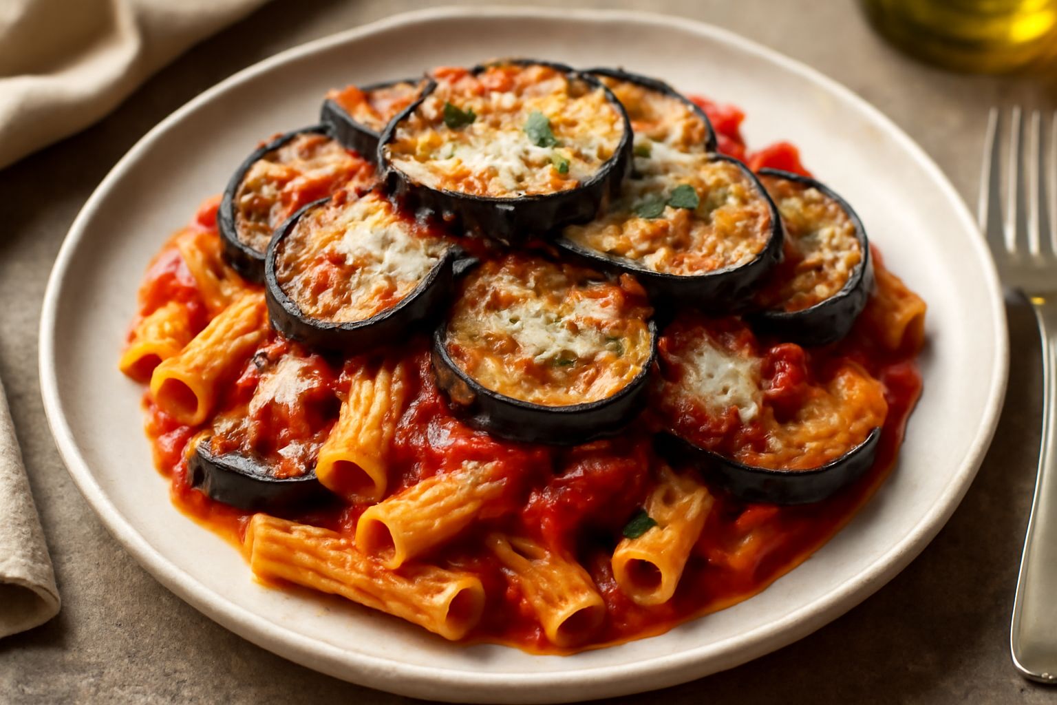 Piatto di pasta con melanzane alla parmigiana, con strati visibili di melanzane dorate, sugo di pomodoro rosso, mozzarella filante che si allunga, parmigiano grattugiato in superficie e qualche foglia