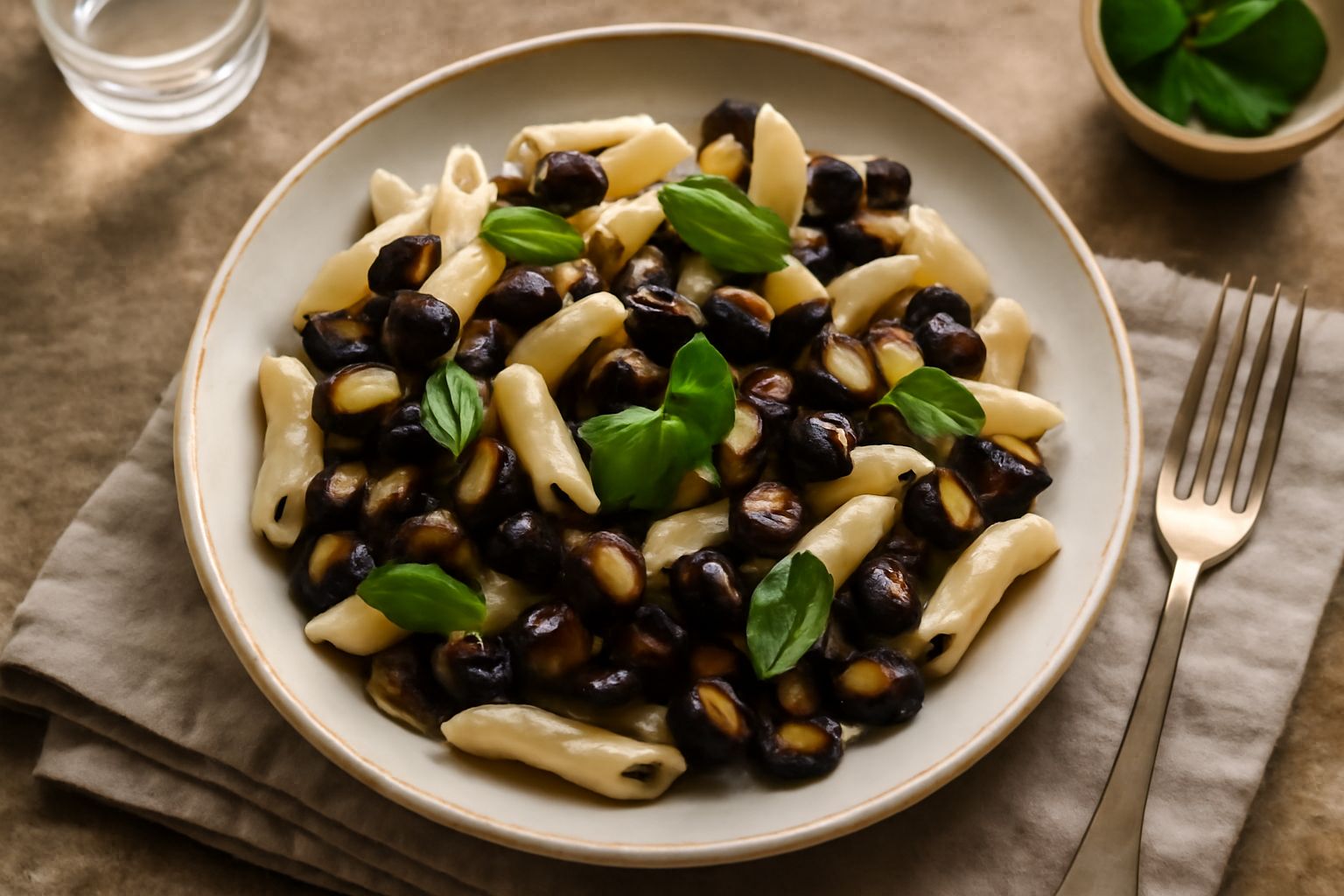 Piatto di pasta penne fredda con dadini di melanzana viola scura, basilico verde chiaro sparso in superficie, olio lucido, su un piatto bianco o grigio, fotografato dall'alto con luce naturale