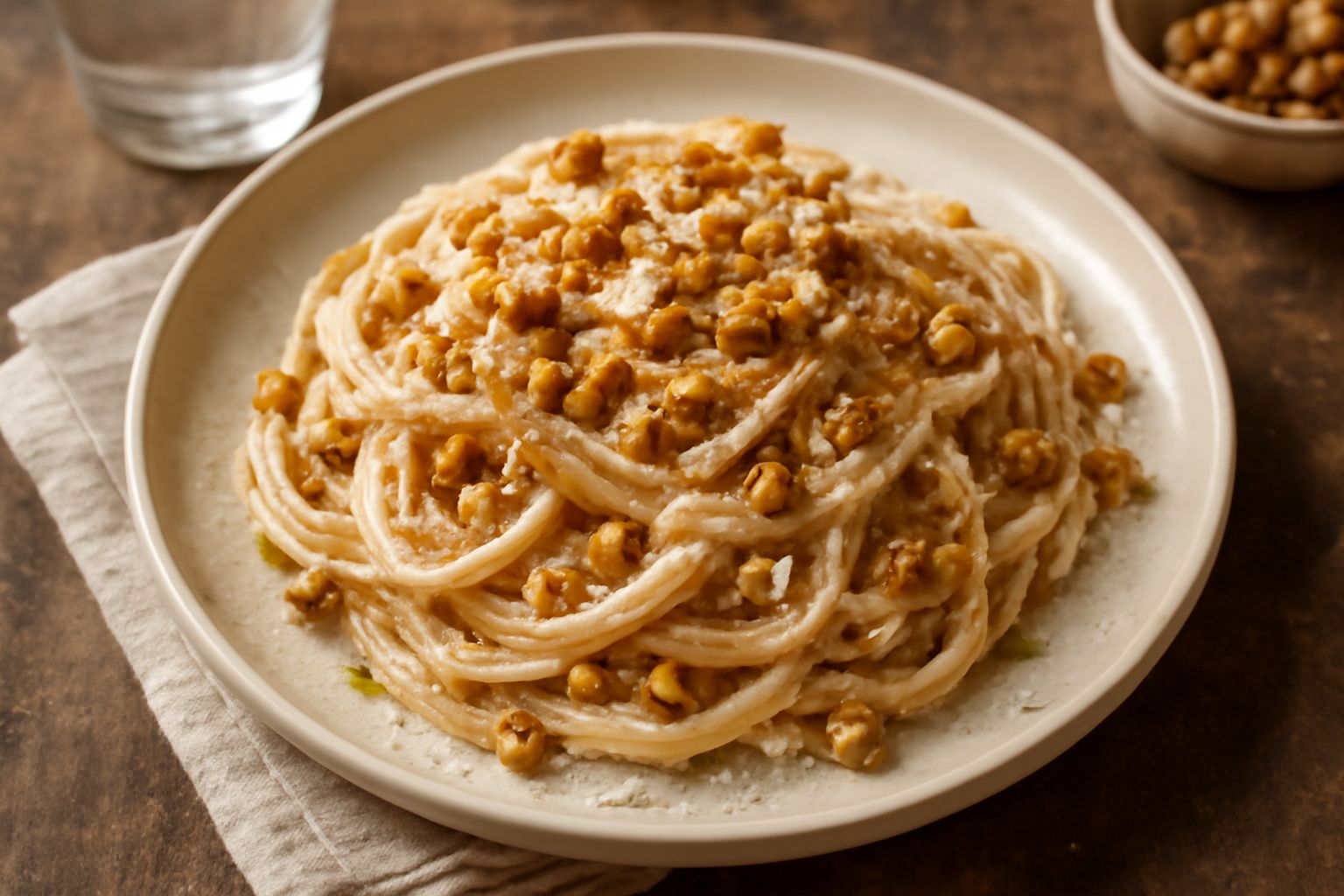 Piatto di pasta bianca con crema di noci beige, guarnito con frammenti di noce tostata e filo di olio verde, con parmigiano grattugiato sopra