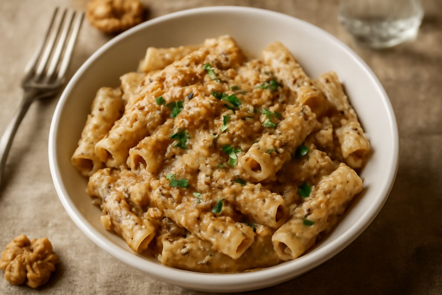 Piatto di pasta integrale condita con salsa beige di noci tritate, fili di prezzemolo verde, gocce di olio d'oliva lucido e una spolverata di parmigiano grattugiato, servito in ciotola di ceramica bia