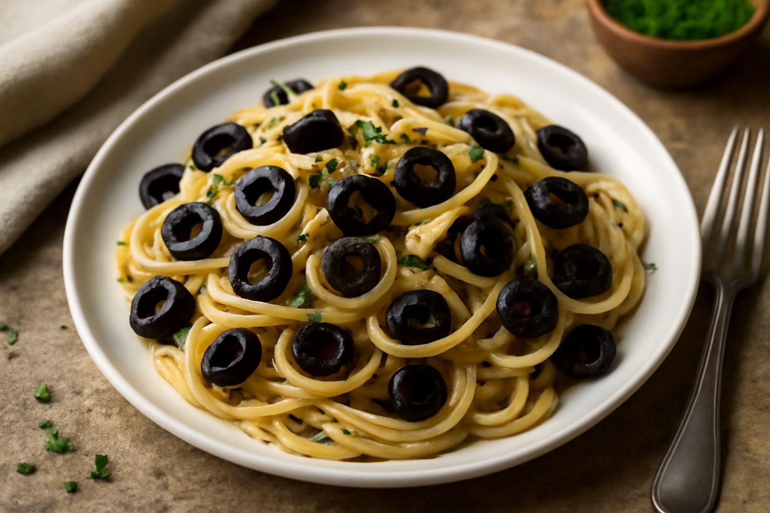 Piatto bianco con pasta spaghetti condita con olive nere tagliate a rondelle, aglio leggermente dorato, prezzemolo verde fresco tritato, filo di olio extravergine che brilla, servita con contorno di p