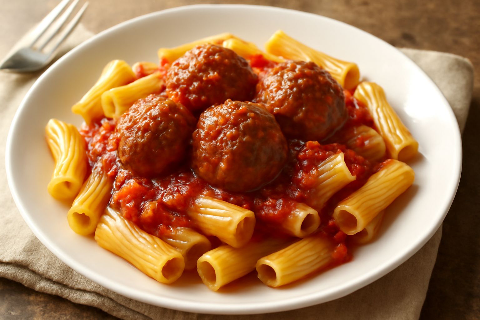 Piatto di pasta spaghetti con polpette marrone scuro e ragù di pomodoro rosso intenso, decorato con prezzemolo fresco verde e scaglie di parmigiano bianco, su piatto bianco fondo.