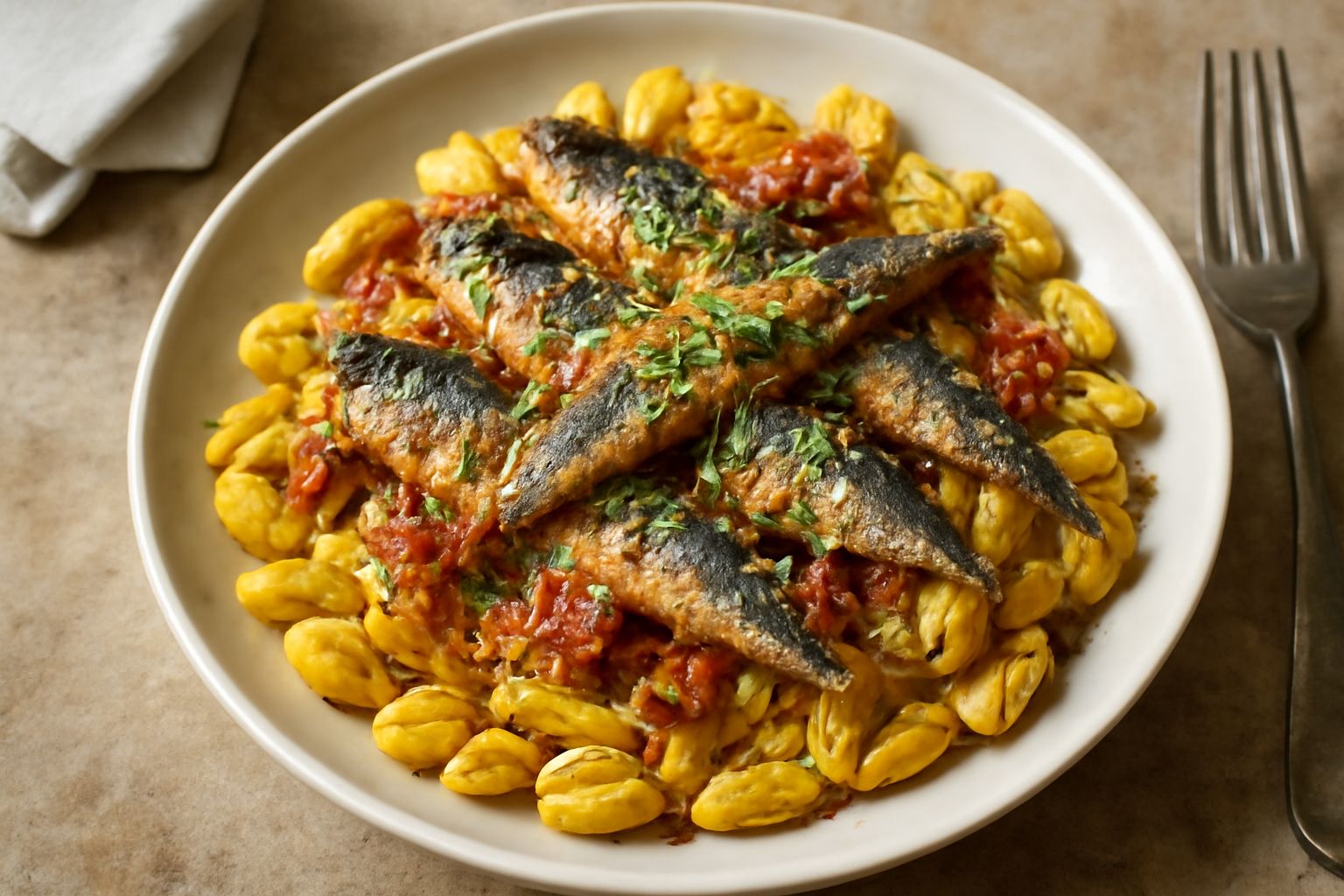 Piatto di pasta con le sarde con malloreddus gialli, sarde intere grigie, salsa di pomodoro rosso acceso, grattugia di pecorino romano bianco e finocchietto selvatico verde su fondo neutro