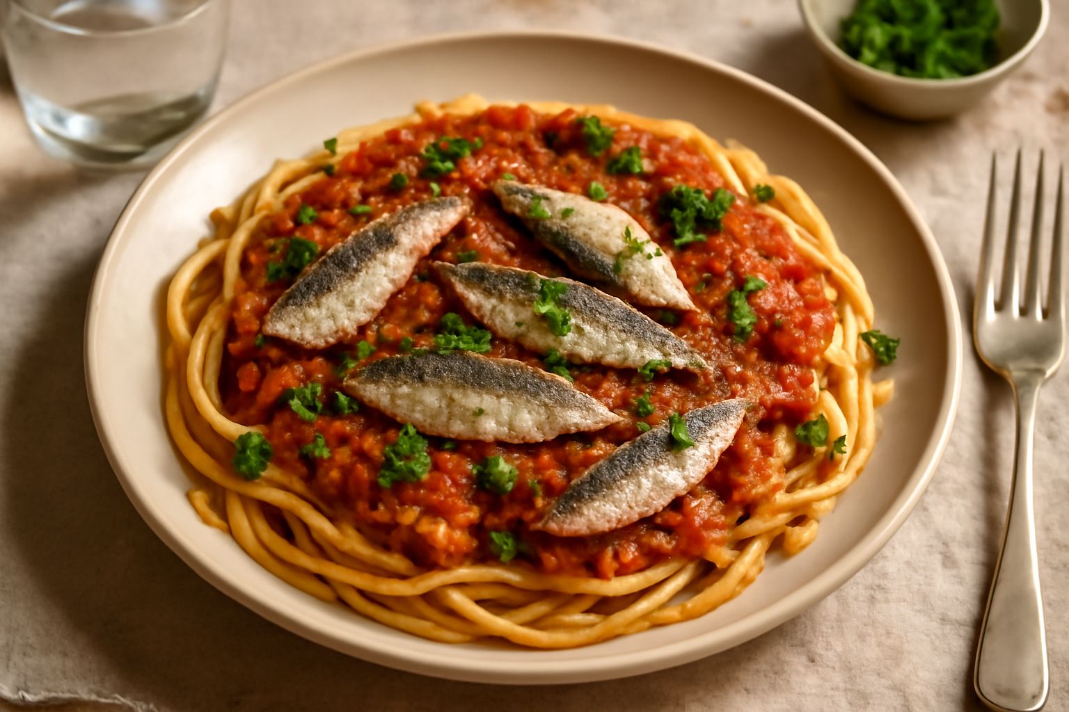 Piatto di pasta con le sarde alla siciliana: spaghetti o bucatini ricoperti di salsa di pomodoro rosso acceso con filetti di sarde grigie, guarnito con prezzemolo fresco verde e pangrattato dorato, se