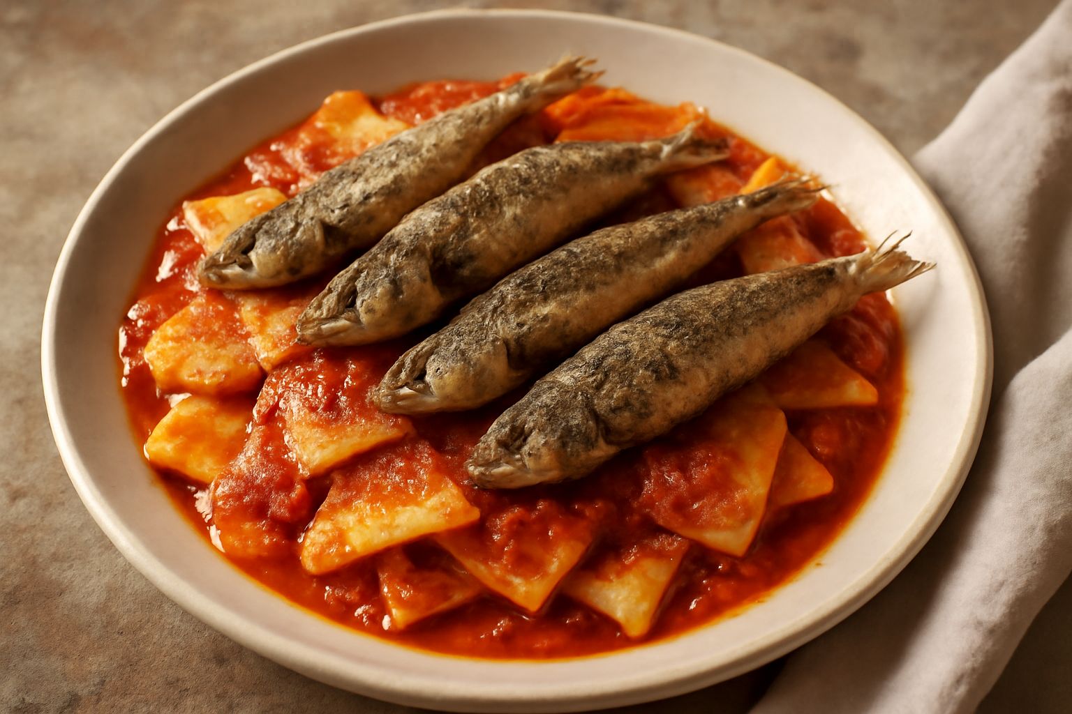 Piatto di ceramica bianca con maltagliati gialli passati in sugo rosso di pomodoro, cosparsi di sarde fritte intere dorate e croccanti, fili di zafferano giallo brillante visibili nel piatto, guarnizi