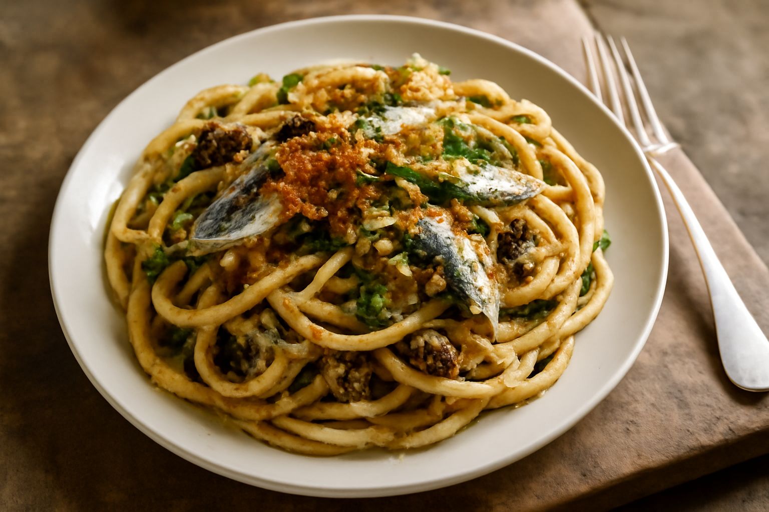 Piatto di spaghetti con sarde fresche, zafferano e finocchio selvatico, conditi con olio d'oliva e guarniti con un pizzico di pepe nero