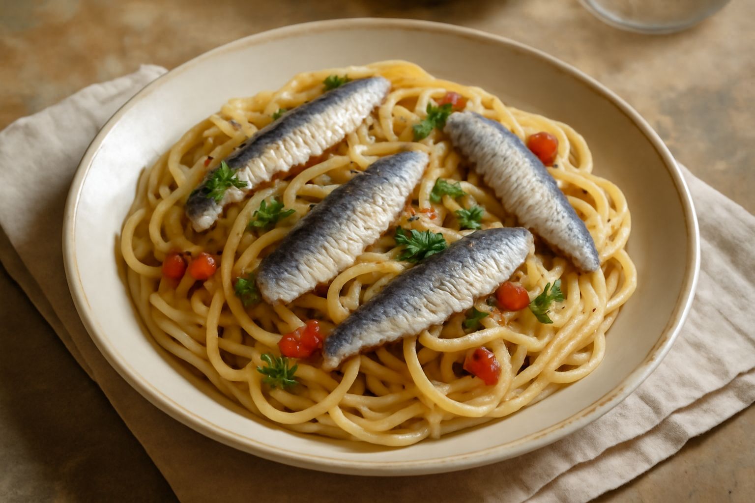 Piatto di pasta con sarde in conserva: spaghetti color crema con sarde grigio argento, pomodori rossi, filamenti di finocchietto verde e qualche pistacchio verde sbriciolato, servito in piatto bianco 