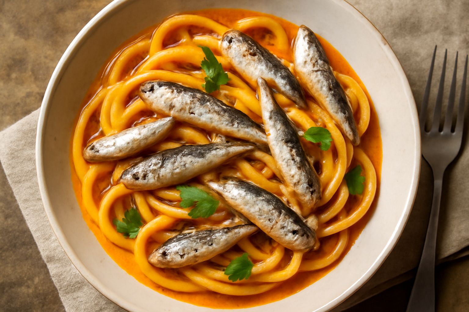 Piatto di pasta con sarde selvatiche: maccheroni o bucatini di color dorato rivestiti di sugo rosso-arancione, sarde intere e piccole fra i fili, zafferano che dona il colore caldo, prezzemolo verde s