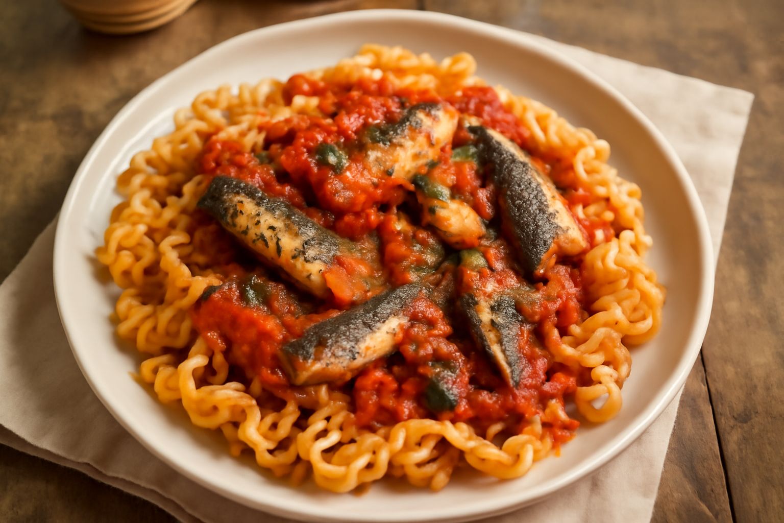 Piatto di pasta con sardine fresche, pomodori rossi, olio d'oliva trasparente e prezzemolo verde, servito in ciotola bianca su tavolo di legno