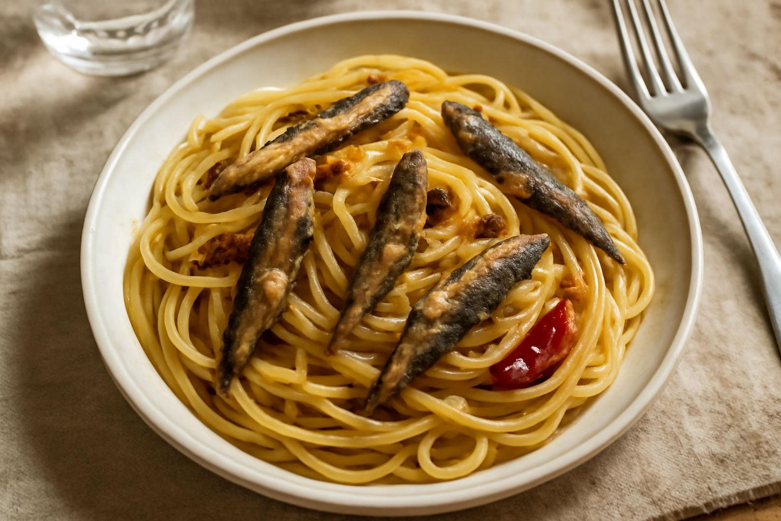 Piatto di pasta con le sardelle condita con sardelle intere dorate, aglio dorato in olio, peperoncino rosso e prezzemolo fresco tritato, servita in un piatto bianco fondo