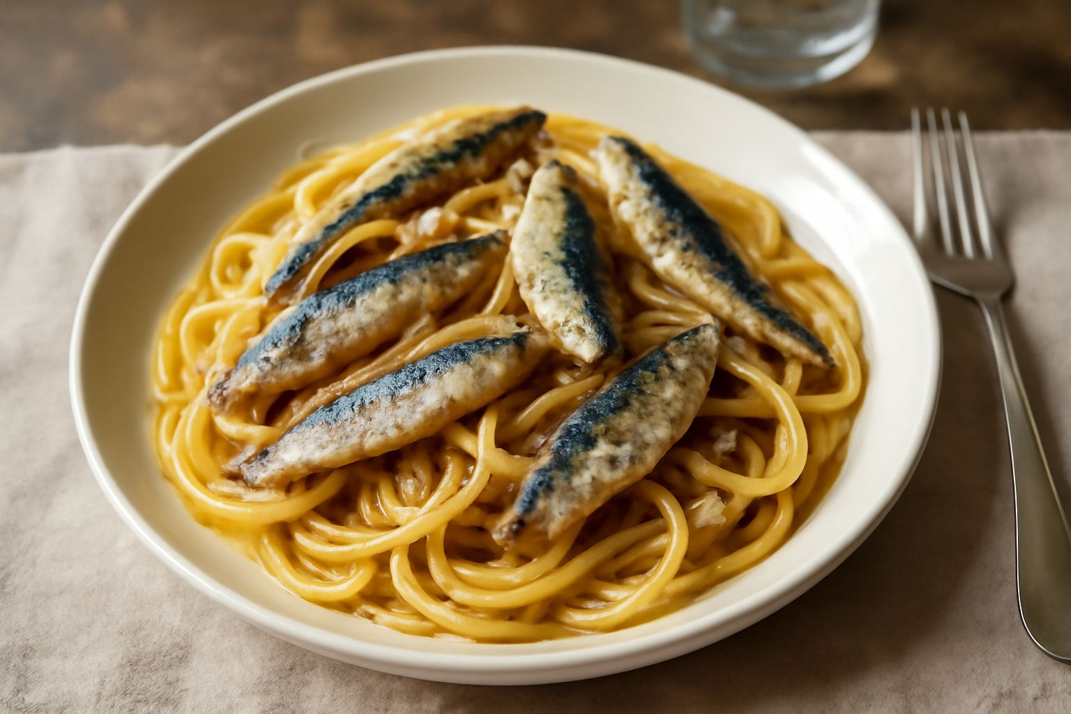 Piatto di pasta con sardine fresche intere, olio di oliva dorato, aglio affettato e prezzemolo verde, servito in un piatto bianco con contorno di limone fresco
