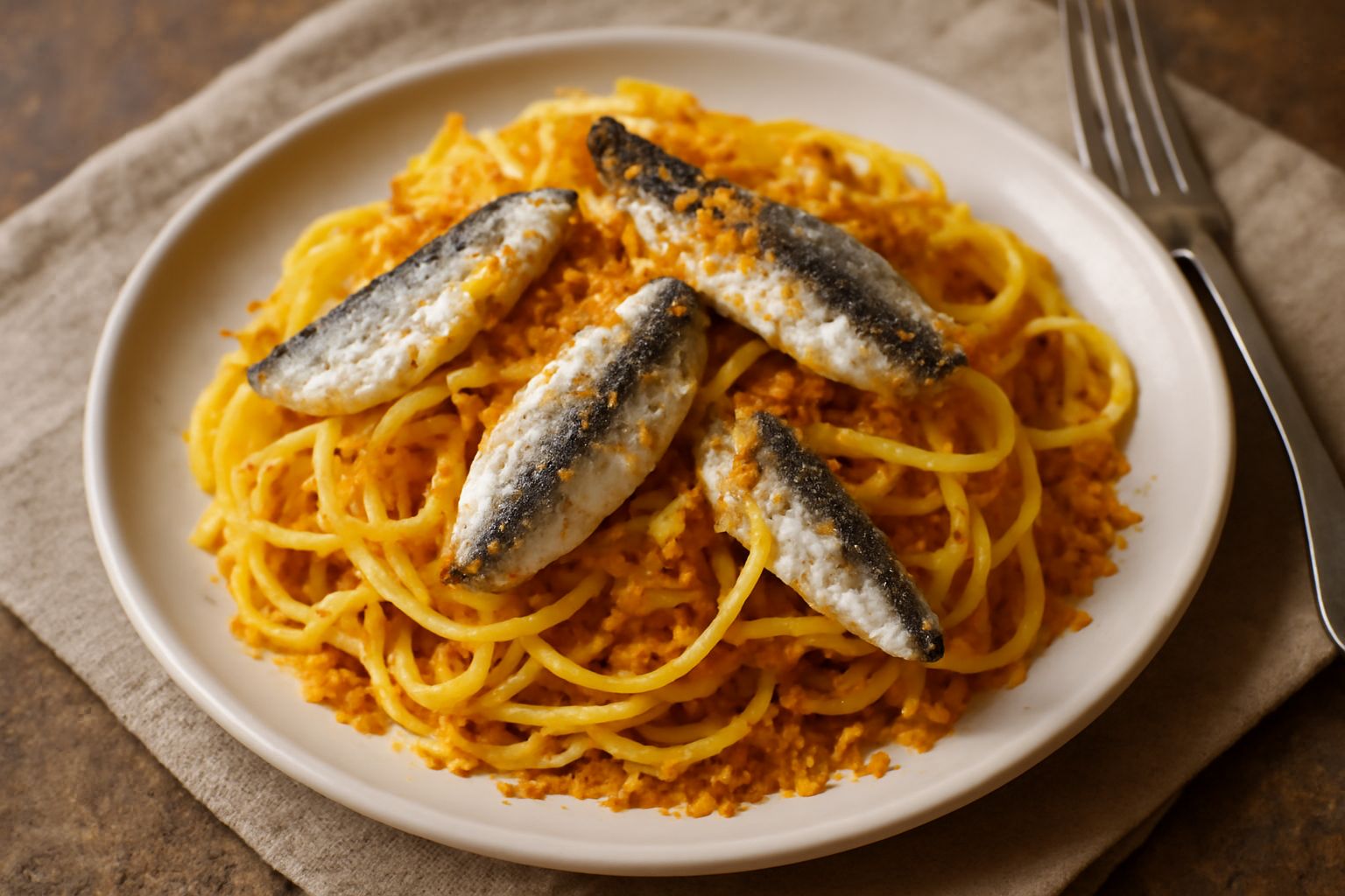 Piatto di pasta con sardine: spaghetti dorati ricoperti di sardine grigio-argentee, cipolla bianca e filamenti di zafferano rosso, impiattamento su piatto bianco con filo d'olio d'oliva