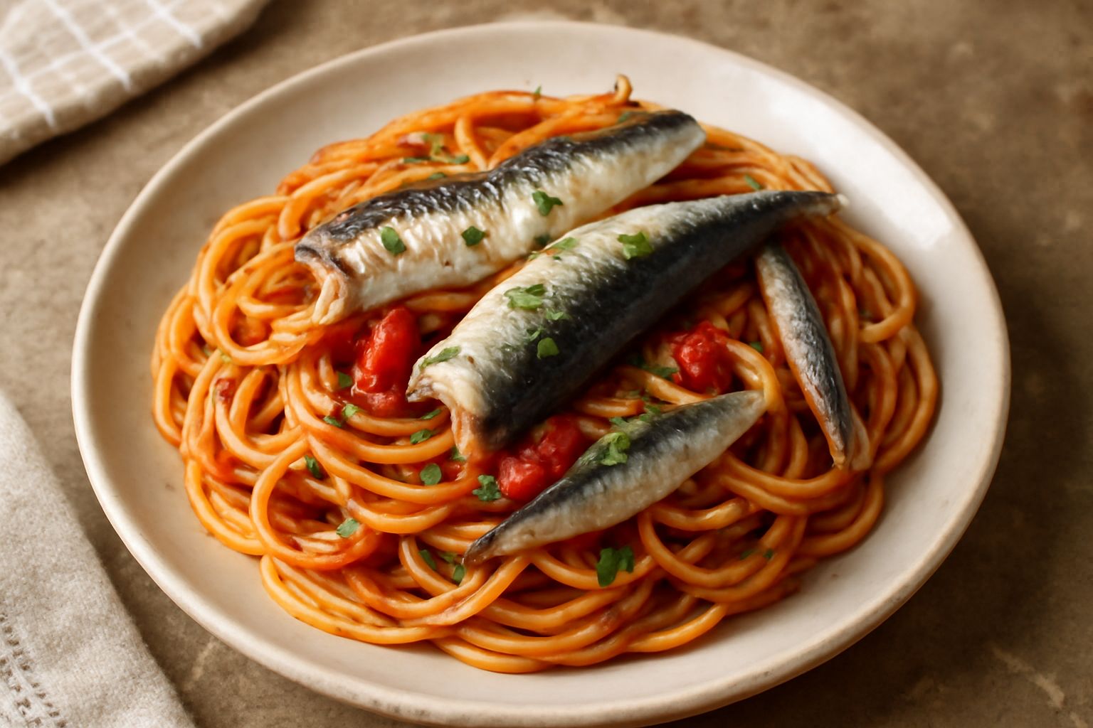 Piatto di pasta con sardine fresche intere, pomodorini rossi brillanti, fili di prezzemolo verde, olio lucido sulla superficie, servito in piatto bianco con orlo grigio