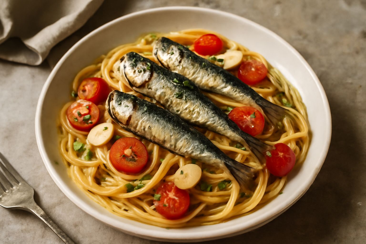 Un piatto di pasta spaghetti con sardine intere salate dorate, pomodorini rossi, aglio affettato e prezzemolo fresco tritato, condita con olio d'oliva lucido, servita in piatto bianco fondo