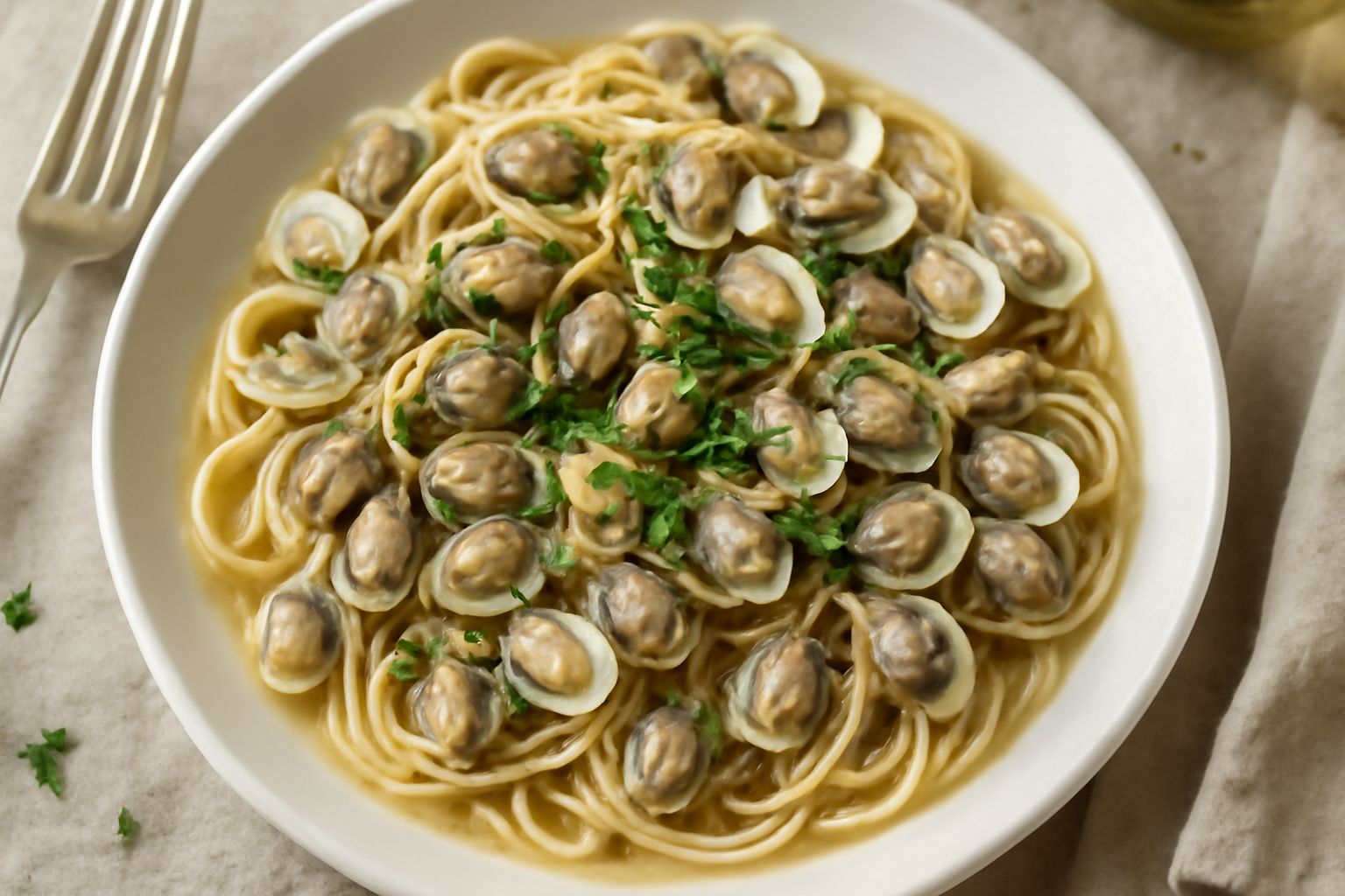 Piatto di pasta spaghetti con telline aperte, brodo marino trasparente, prezzemolo verde fresco sparso, una fetta di limone gialla sul bordo, fondo bianco