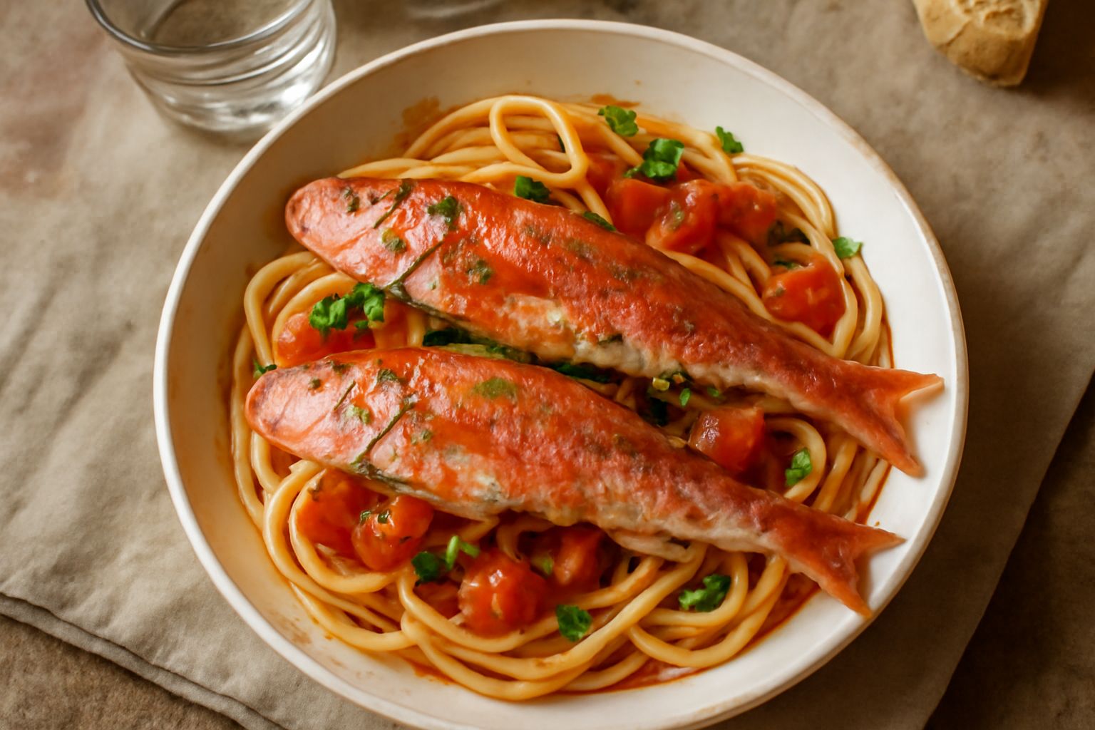 Piatto di pasta spaghetti condita con triglie intere dorate, pomodori freschi rossi, prezzemolo verde fresco e gocce di olio d'oliva. Sfondo bianco.