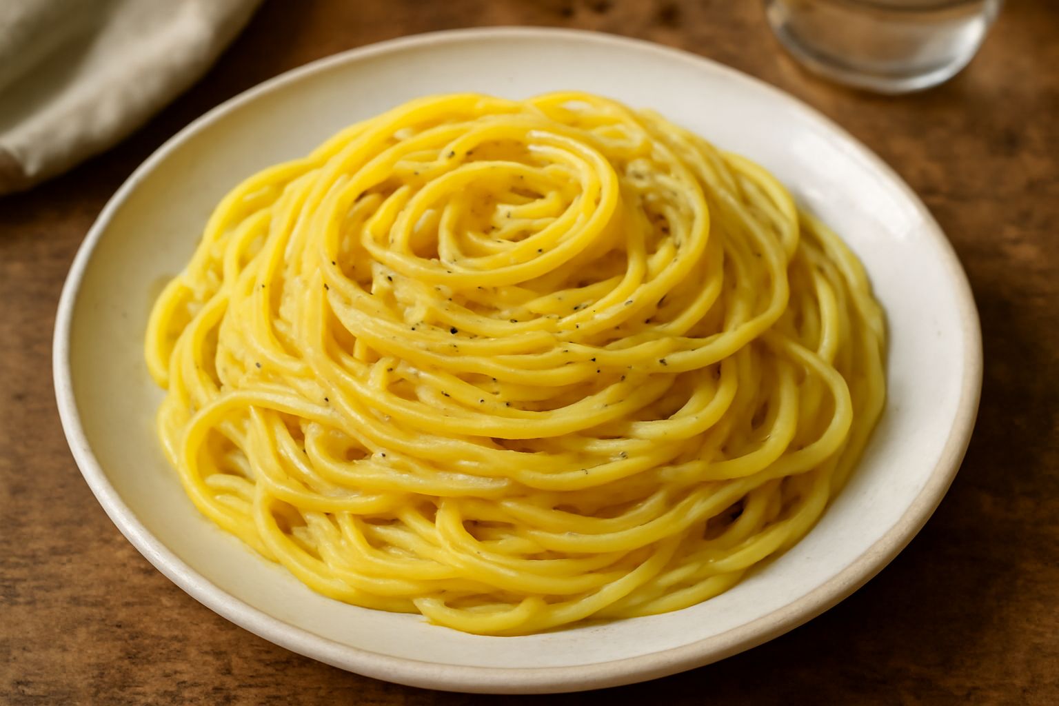 Piatto di pasta gialla con uova e pepe nero, con salsa cremosa che riveste ogni spaghetto, guarnito con pepe fresco macinato al momento