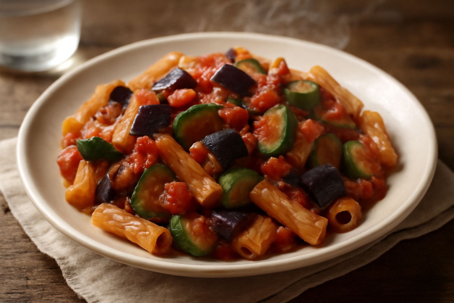 Piatto di pasta penne con verdure cotte di colore viola, verde e rosso, condita con olio d'oliva e basilico fresco, presentata su piatto bianco rotondo