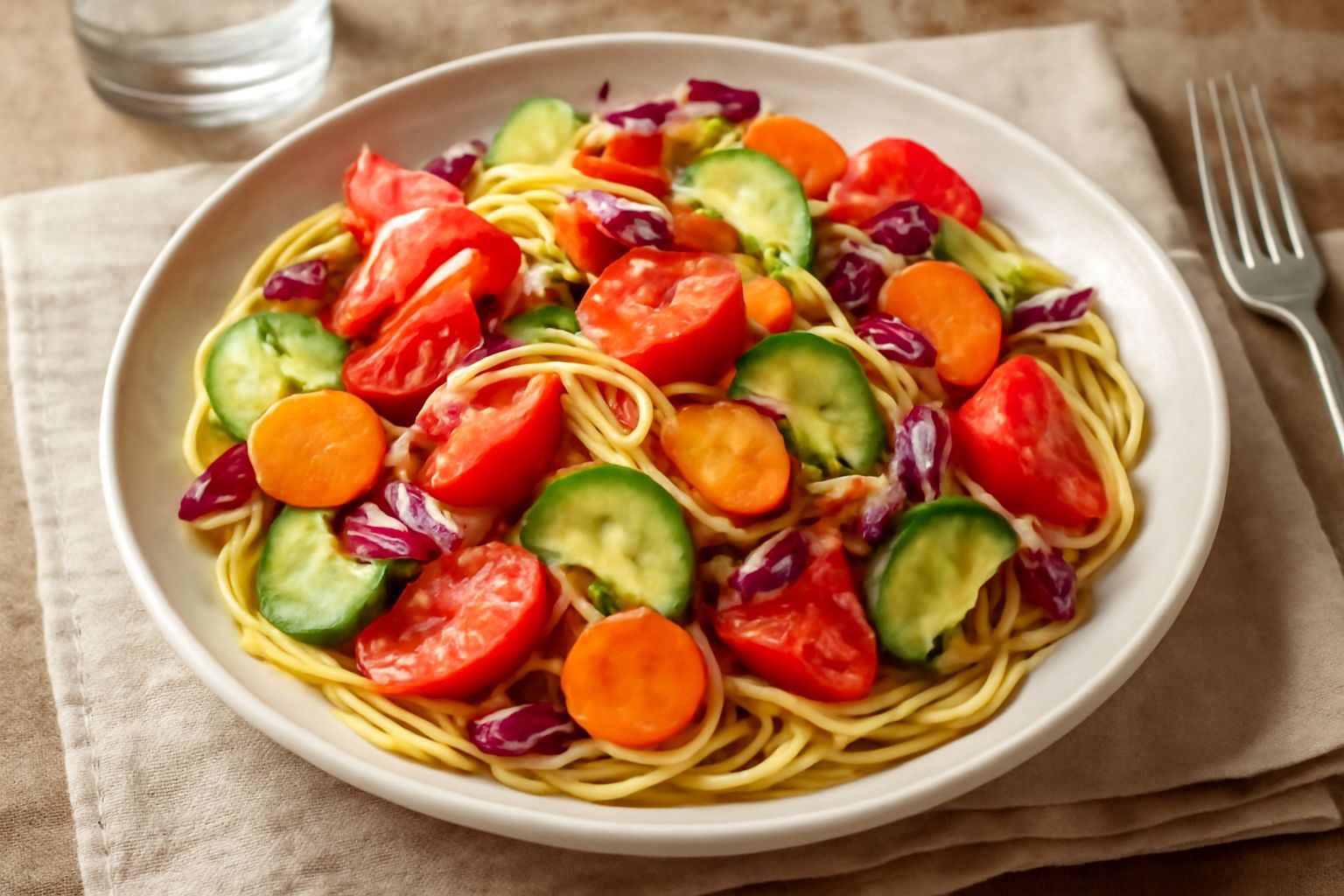 Piatto di pasta con pomodori rossi a dadini, carote arancioni julienne, cetrioli verdi affettati, radicchio rosso tagliato sottile, condito con olio di oliva verde e prezzemolo fresco