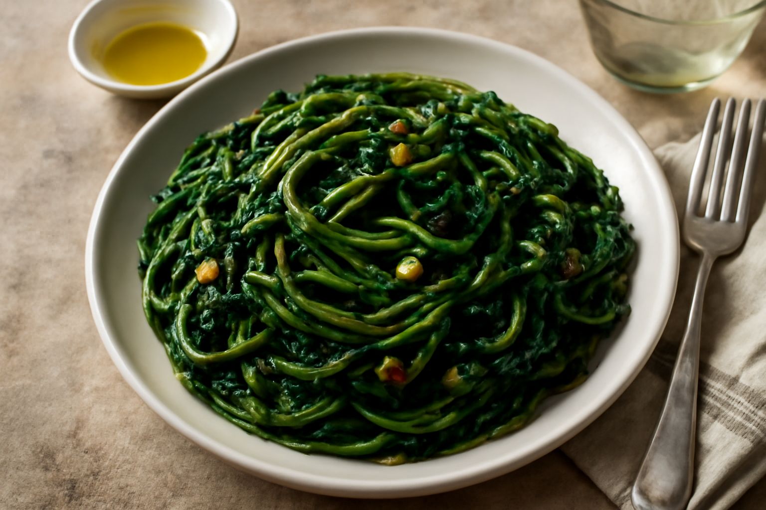 Piatto di pasta tonda condita con verdure verde scuro saltate in padella, olio d'oliva lucido, aglio e peperoncino rosso, servita su fondo bianco con filo d'olio crudo visibile