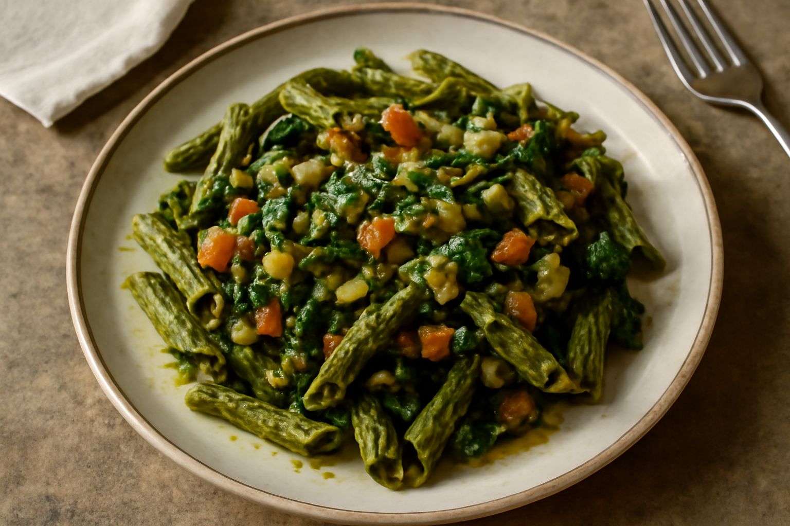 Piatto di pasta con sugo verde intenso, fatto di verdure di scarto tagliate a pezzetti, con foglie di prezzemolo fresco e grana grattugiato, condito con un filo di olio extravergine d'oliva