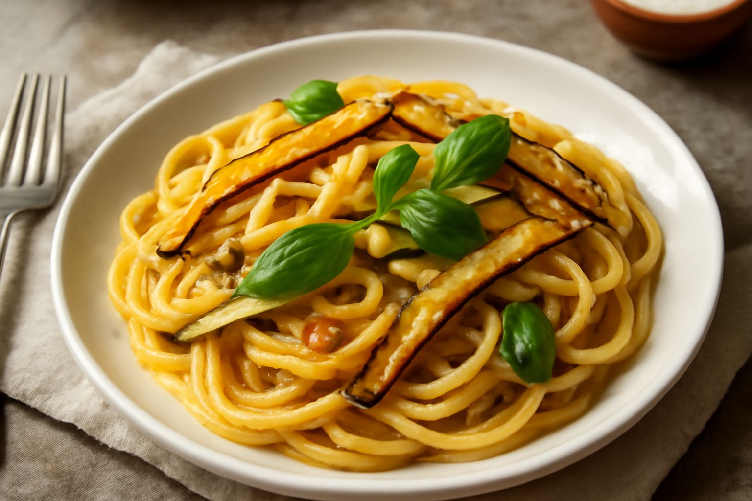 Piatto di pasta con zucchine julienne dorate e croccanti ai bordi, aglio soffritto, basilico fresco, olio d'oliva lucido sulla superficie, servito in piatto bianco