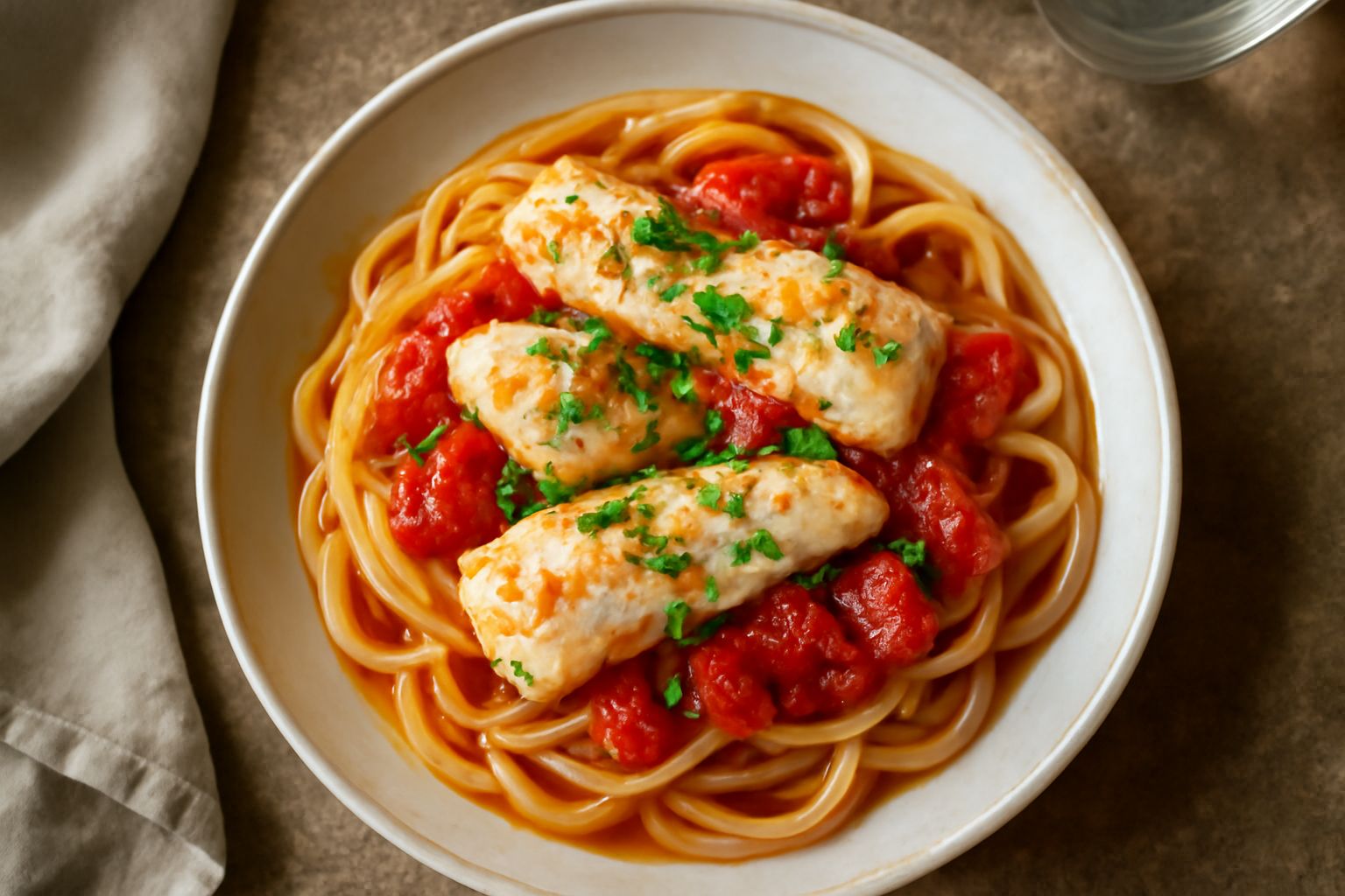 Un piatto di pasta pappardelle con filetti di scorfano biancastri, pomodori rossi spezzettati, aglio leggermente dorato e prezzemolo fresco, condito con olio extravergine e parmigiano grattugiato