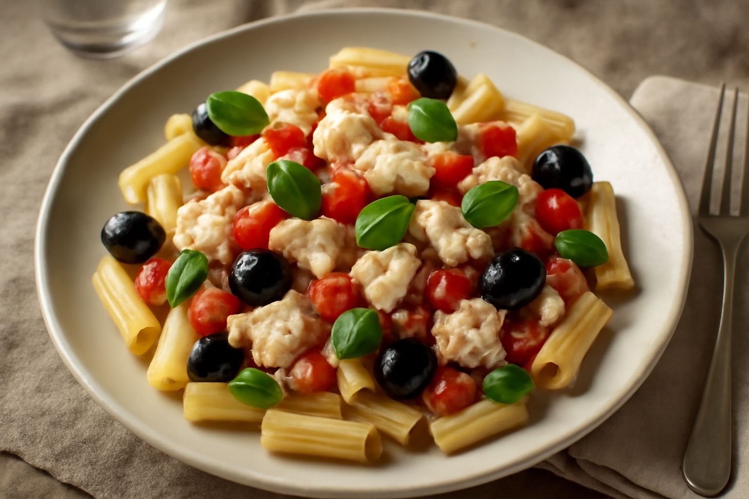 Piatto di pasta fredda con scorfano a pezzetti, pomodori rossi tagliati, olive nere, basilico fresco verde e olio brillante, servito in un piatto bianco