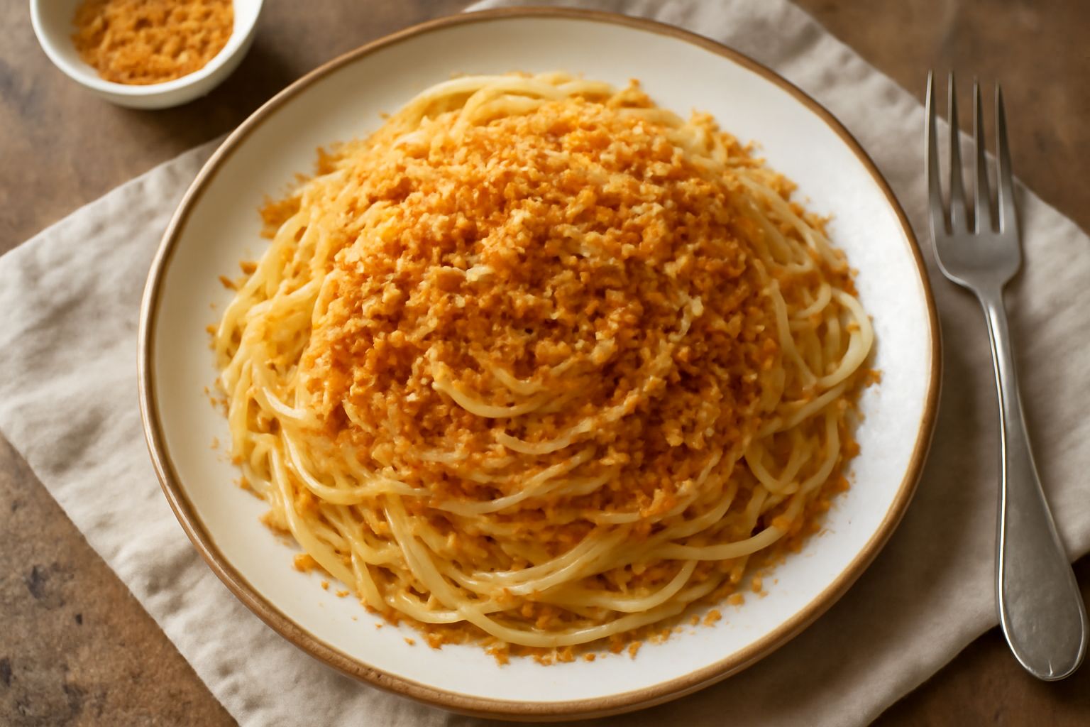 Piatto di pasta al dente con pangrattato dorato croccante sparso in abbondanza, filo d'olio extravergine lucente, pepe nero visibile, aglio leggermente rosolato sul fondo del piatto bianco