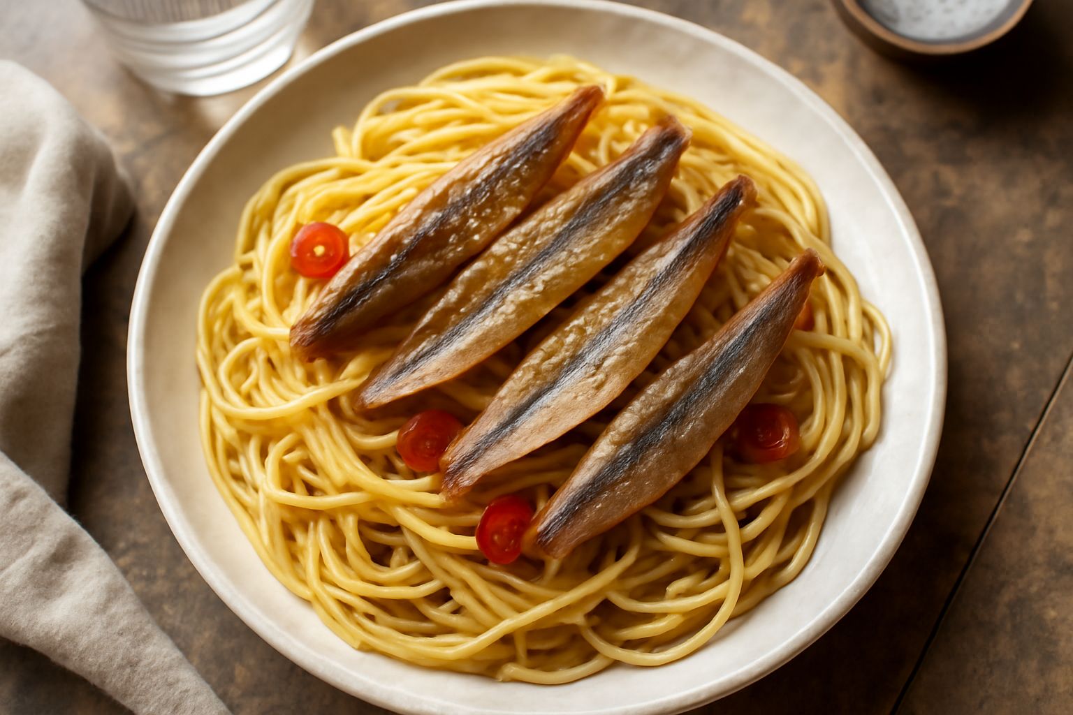 Piatto di pasta bianca con filetti di pesce secco marrone dorato, olio brillante, peperoncino rosso e aglio fresco, spruzzata di prezzemolo verde, su sfondo bianco