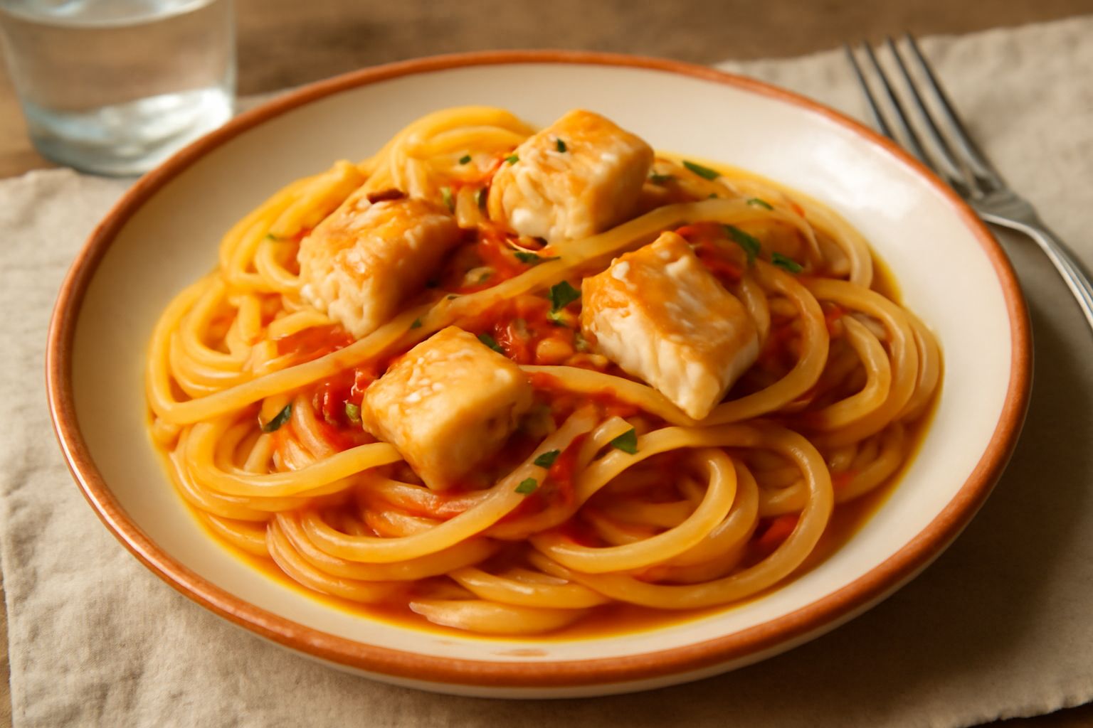 Piatto di pasta spaghetti con filetti di pesce spada bianchi e teneri, pomodori rossi, prezzemolo verde brillante, condimento color ambra, limone fresco sullo sfondo
