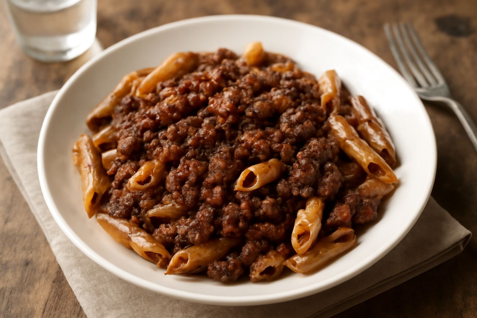 Piatto di pasta all'uovo condita con ragù denso di fegatini, pomodoro e soffritto, guarnito di parmigiano reggiano grattugiato, su piatto bianco fondo neutro