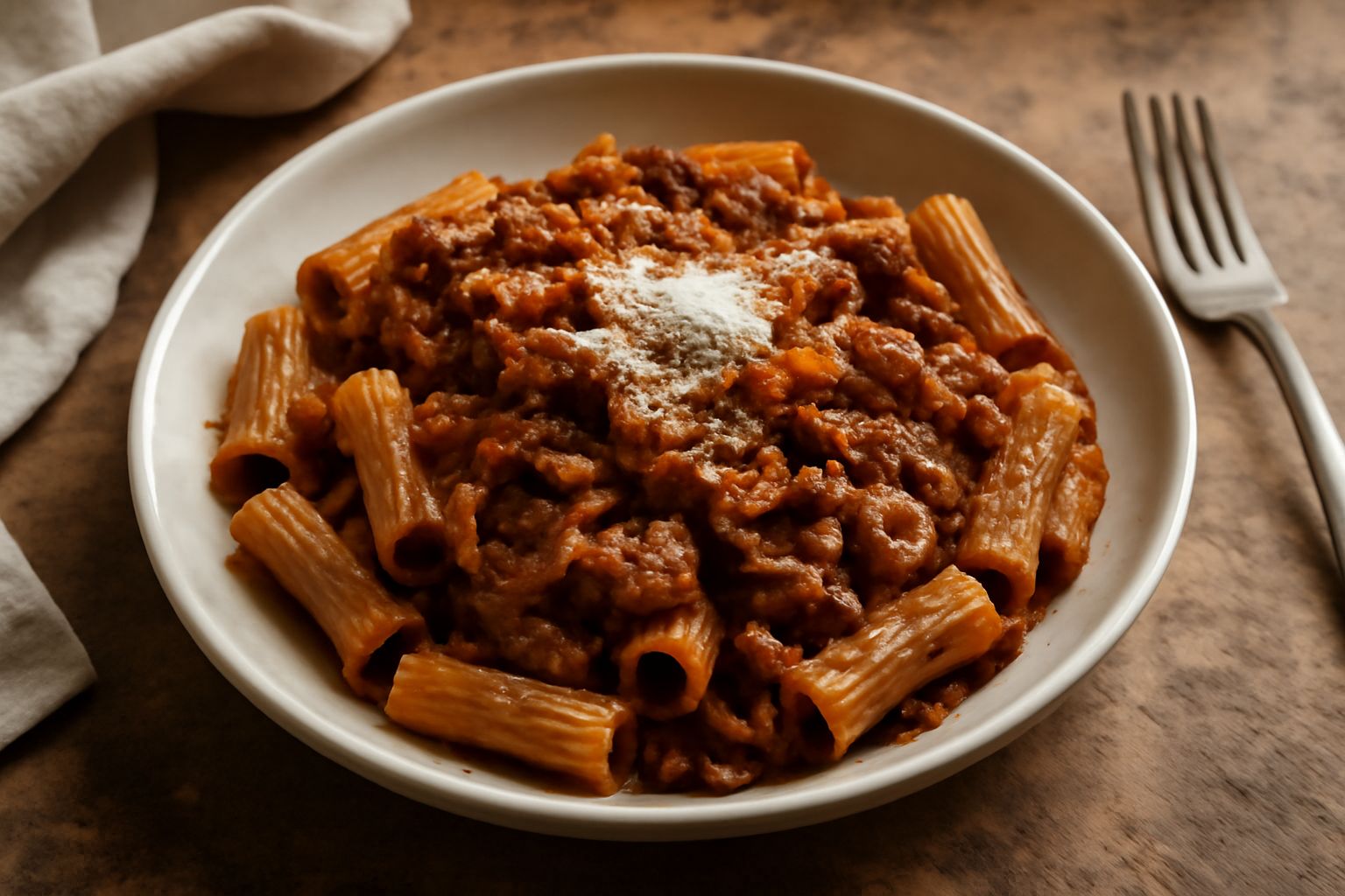 Un piatto di pasta rigatoni con ragù di trippa denso e scuro, guarnito con parmigiano grattugiato, fettucce di trippa visibili nella salsa, su piatto bianco con cucchiaio di legno accanto
