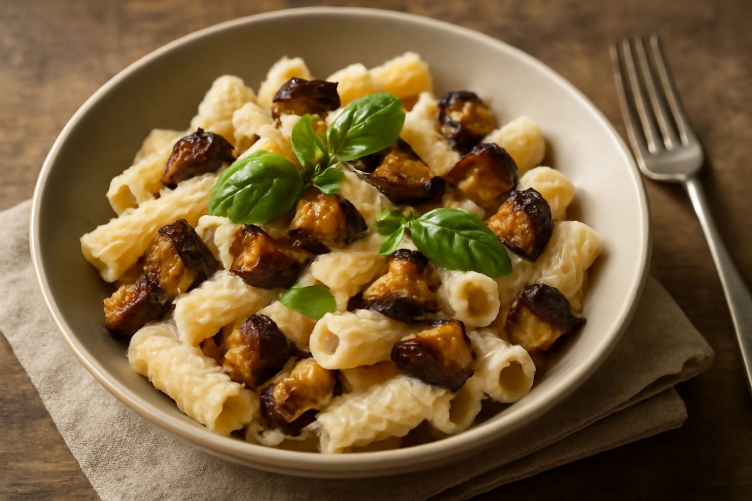 Un piatto di pasta penne mischiata a ricotta bianca cremosa e melanzane violacee tenere, guarnito con basilico verde e un filo di olio d'oliva, servito su un fondo bianco.