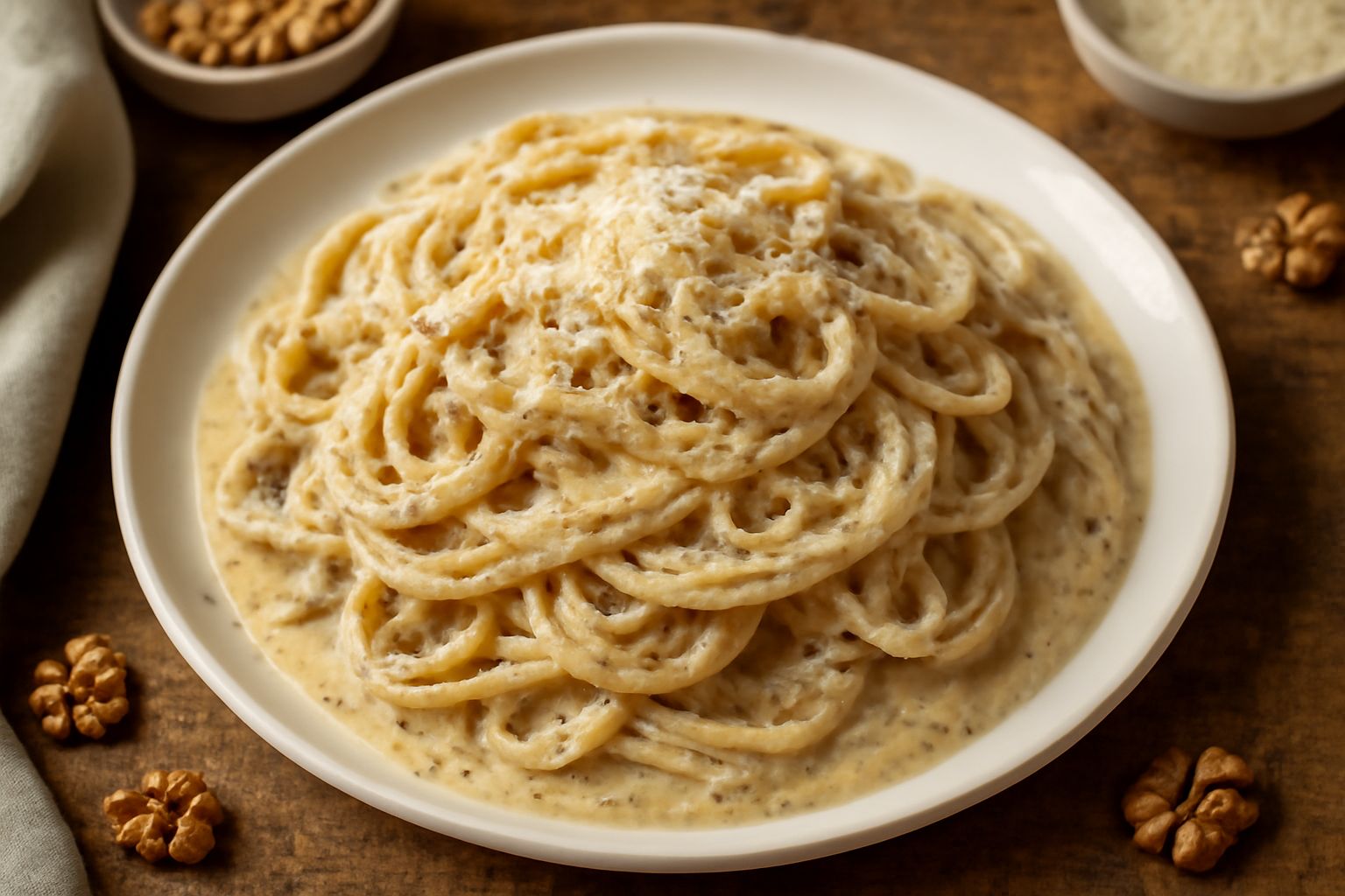 Piatto di pasta rigatoni con salsa di noci color beige cremoso, guarnita con scaglie di parmigiano bianche e una noce intera sopra, su fondo scuro, con filo di olio extravergine lucido