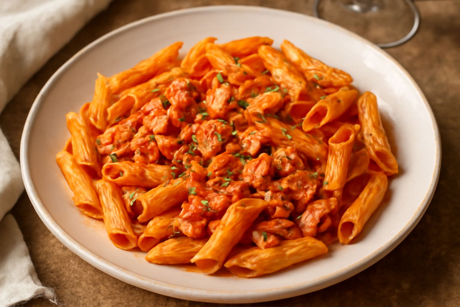 Piatto di pasta con tonnetto: spaghetti o penne ricoperti da salsa rossa con pezzetti di tonnetto bianco, prezzemolo verde fresco, gocce di olio d'oliva lucido sulla superficie, servito in piatto fond